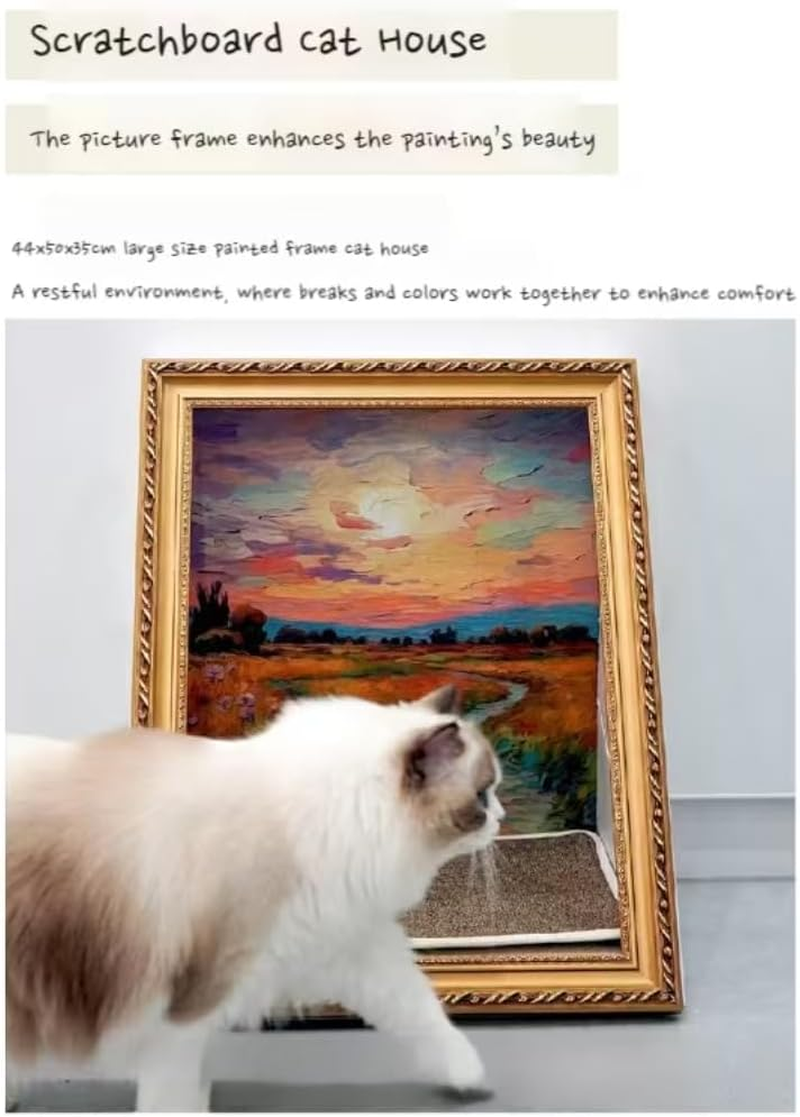 Cat Scratcher Bed, Durable Scratching Cardboard for Indoor Cat House, Artistic Oil Painting with Durable Scratcher Pad Surface for Cats, Cat Condo with Scratcher Pad, Scratch Furniture (Gold) - Gold image number 1