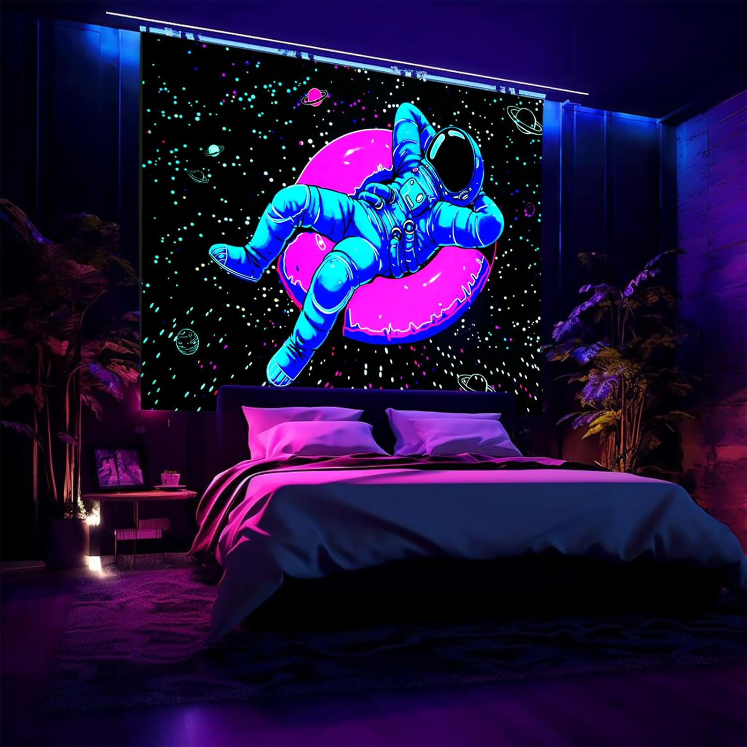 Blacklight Space Astronaut Tapestry for Men Guys Bedroom Black Light Cool Stars Galaxy Tapestries Glow in the Dark Spaceman and Poster Wall Hanging Bedroom Accessories Men 52"X60" image number 2
