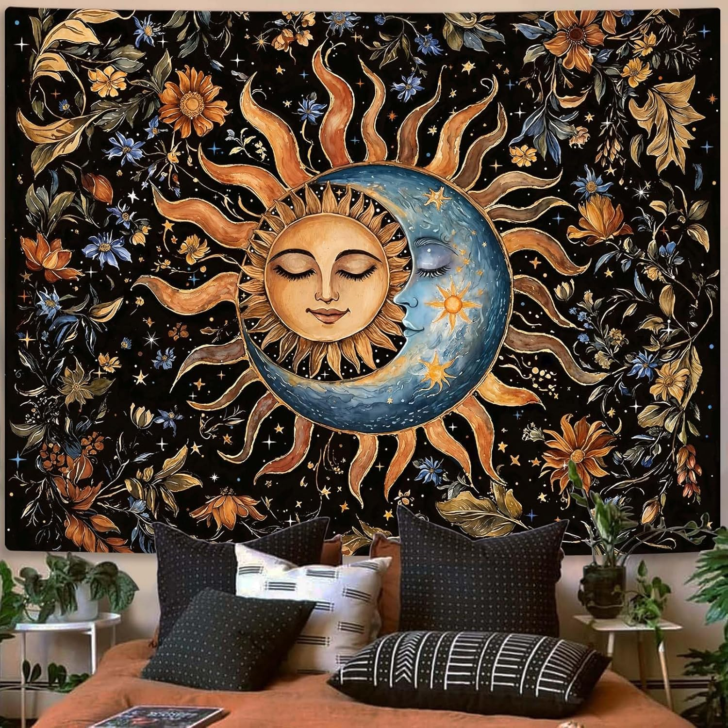 Aipon Sun and Moon Tapestry for Bedroom Boho Vintage Floral Hippie Wall Tapestry Aesthetic Retro Flower Plant Small Tapestries Wall Hanging for Living Room Dorm Decor 60 X 44 Inch image number 1