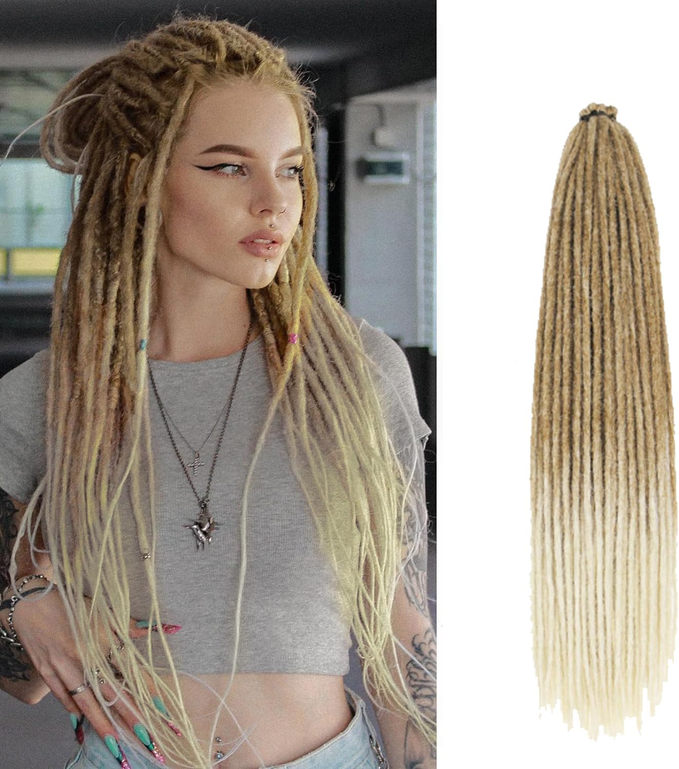 22 Inch Dreadlock Extensions Single Ended, Ombre Light Brown to Blonde Thin 0.8Cm Dreads, 10 Pcs Synthetic Braid-In Reggae Hippie Crochet Dreads for Women