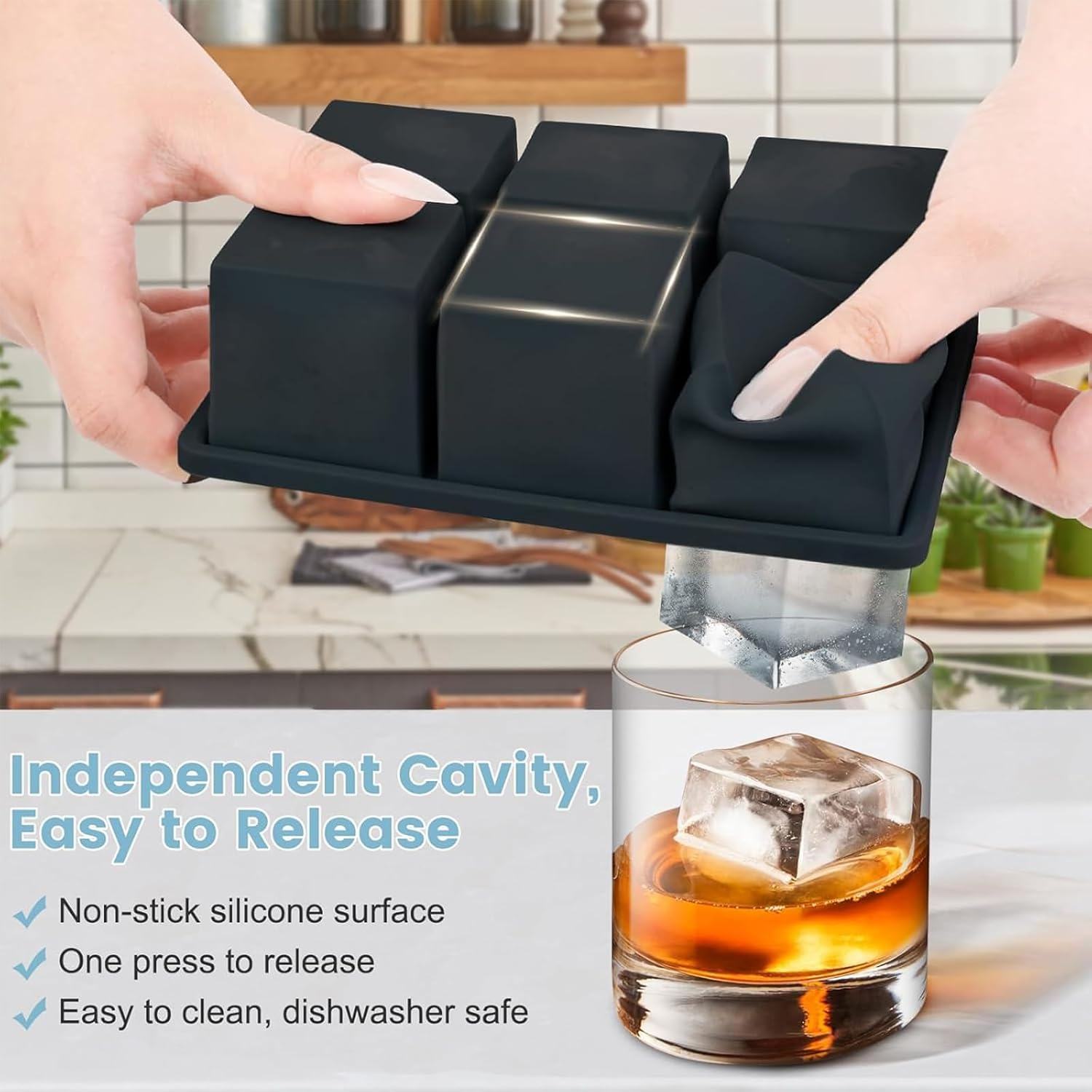 3Pack Large Silicone Ice Cube Tray for Whiskey, 2 Inch Ice Cube Tray Silicone, Easy-Release Ice Tray with Lid for Freezer, Perfect for Chilled Drinks, Freezer, Baby Food, Cocktail - Blue+Green+Pink image number 3