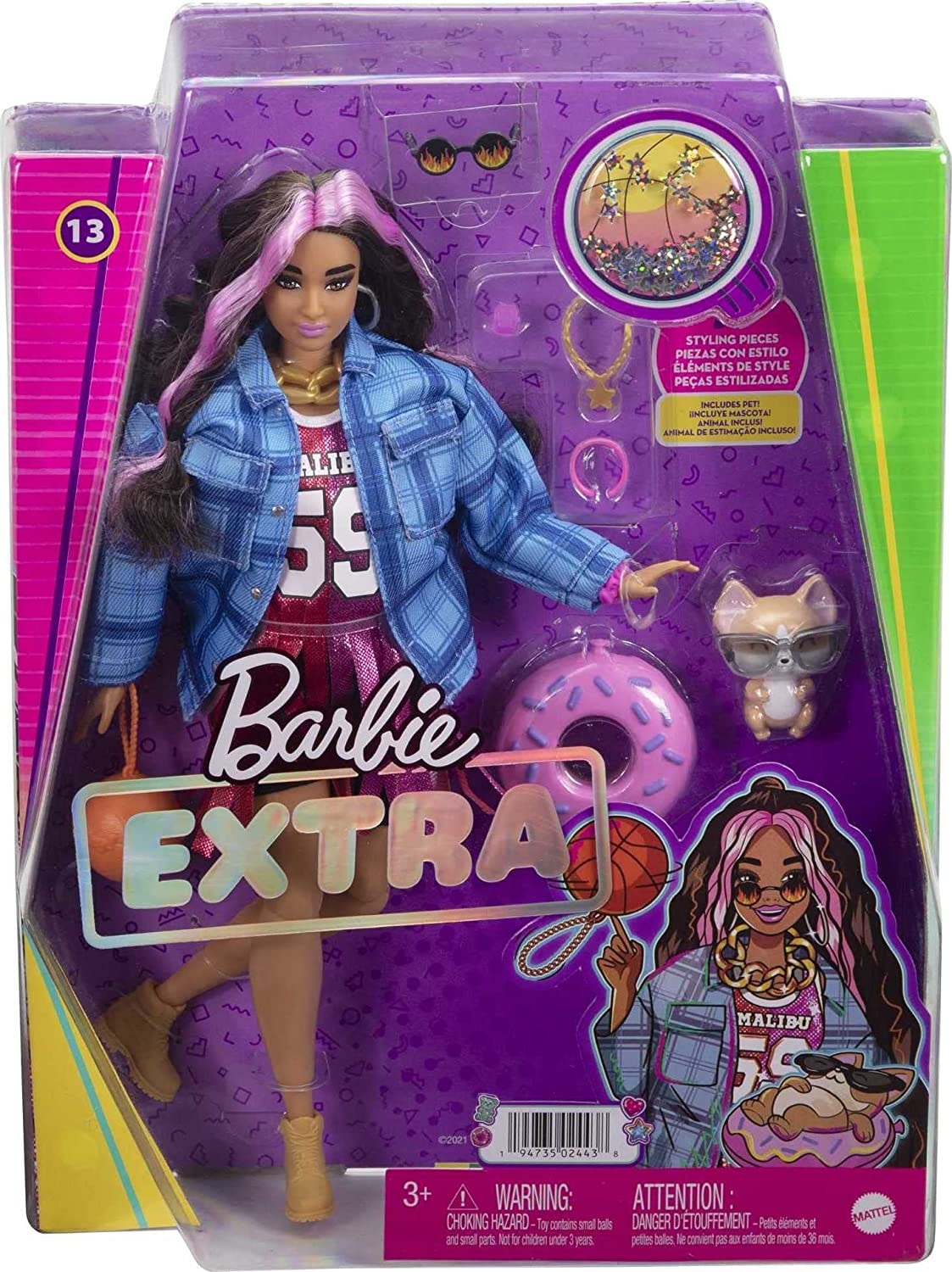 Barbie Dolls and Accessories, Extra Fashion Doll, Pink-Streaked Crimped Hair, Pet Corgi, Jersey Dress, Toys and Gifts for Kids image number 1