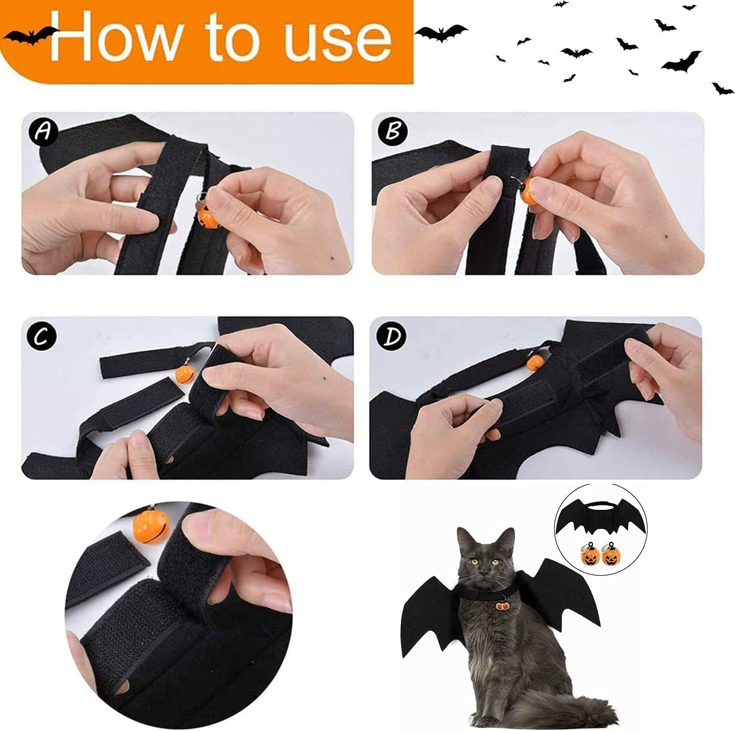 Bat Wings Cat, Halloween Cat Bat Costume Wings with Pumpkin Bell, Pet Bat Costume Cute Halloween Costume for Pets Cosplay Costume for Medium Dog Cat for Parties, M image number 6