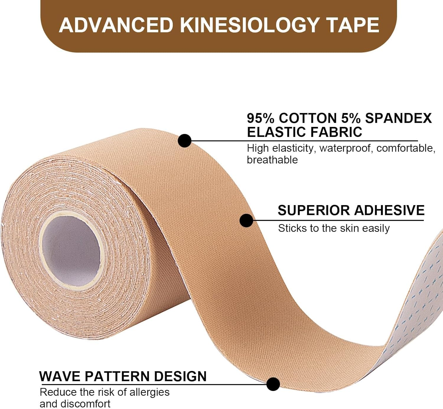 Kinesiology Tape, 4 Rolls Pain Relief Adhesive, Best Therapeutic Muscle Support Aid,2In X 16.4Ft(5Cm X5M)Waterproof Athletic Sports Tape Physio Tape for Knees, Shoulder, Ankles, Elbow, Joint Support(Beige) image number 1