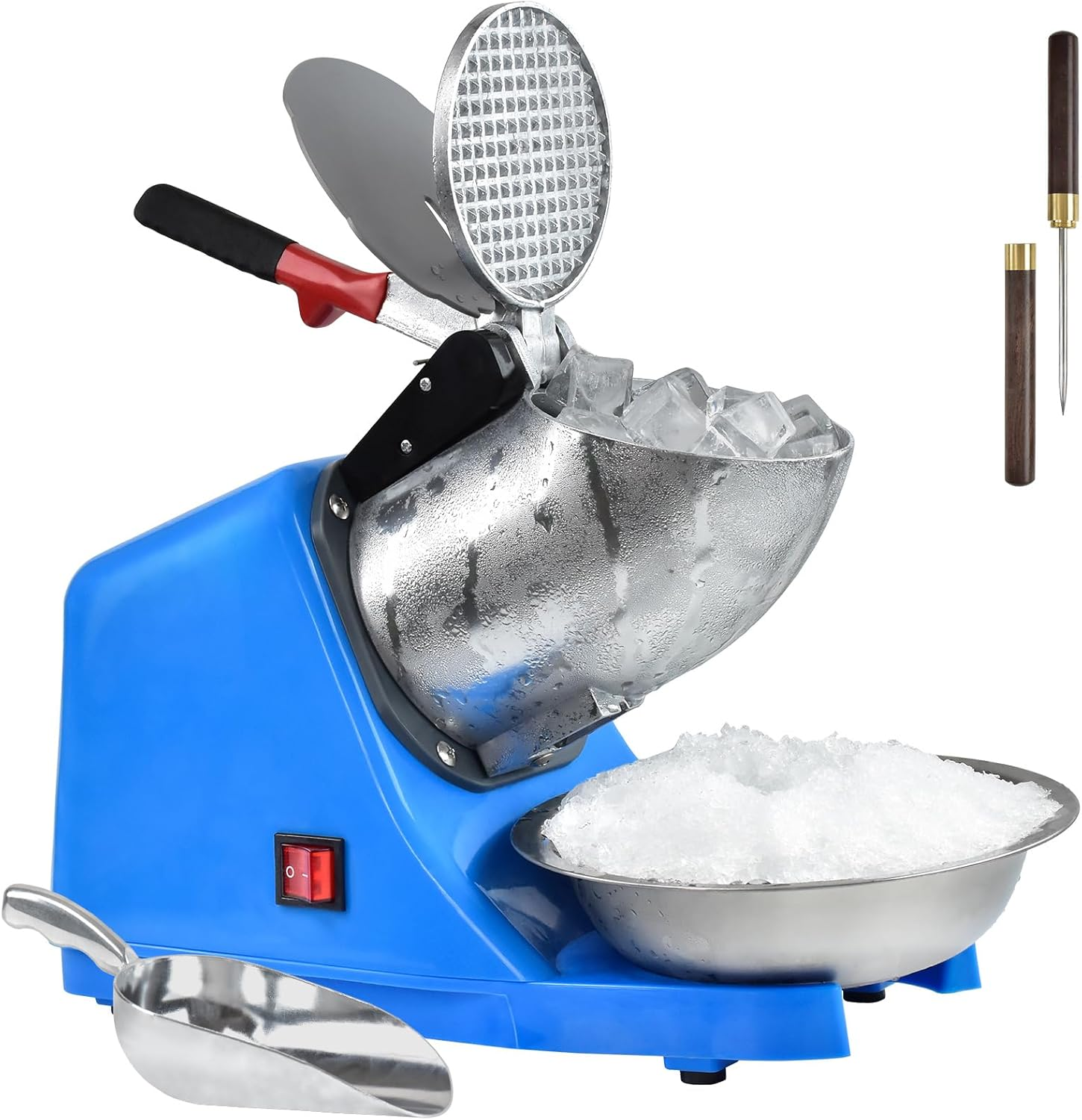Electric Ice Shaver Machine,With Ice Pick and Scoop,3 Blades of Electric Snow Cone Machine(300W 2200R/Min),Splash Proof Shaved Ice Machine,Ice Crusher Machine for Home Commercial Use (Silver)
