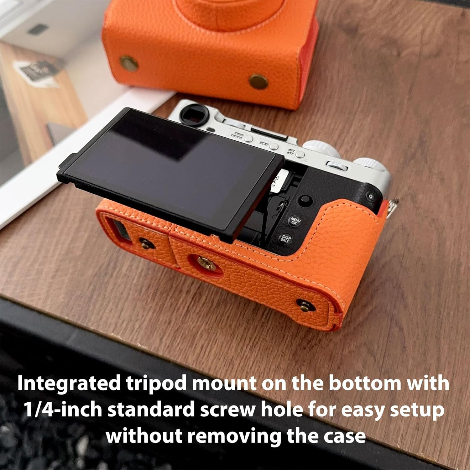 Jectse Camera Case Fit for FUJIFILM XE5, PU Leather Crossbody Camera Bag, Including Half Case Flip Cover and Adjustable Shoulder Strap (Orange) - Black image number 2