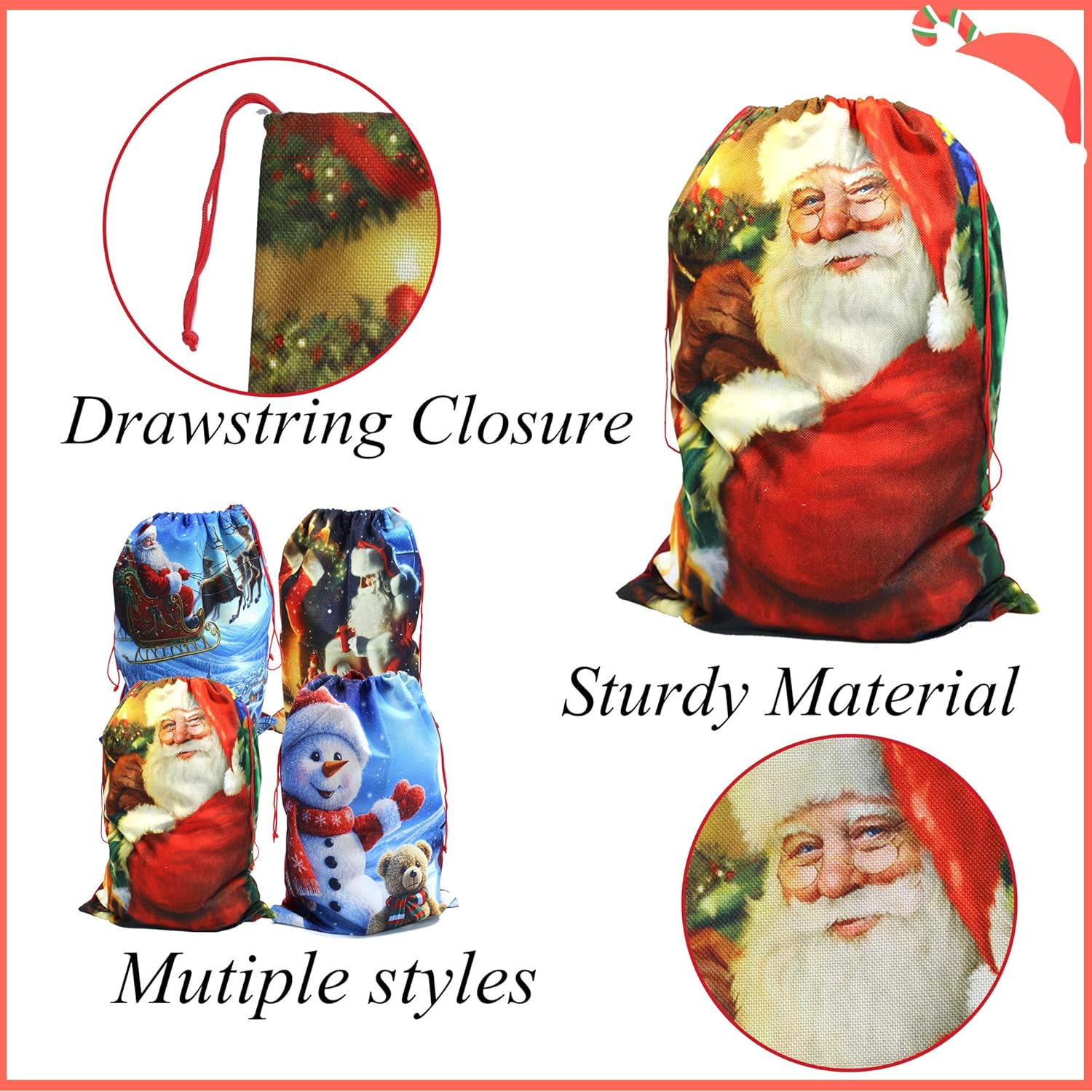 4 Pack Christmas Sacks - 13.8''X19.7''/35X50Cm Medium Hessian Bags. Reusable Burlap Santa Sacks with Drawstring for Xmas Presents & Decorations image number 3