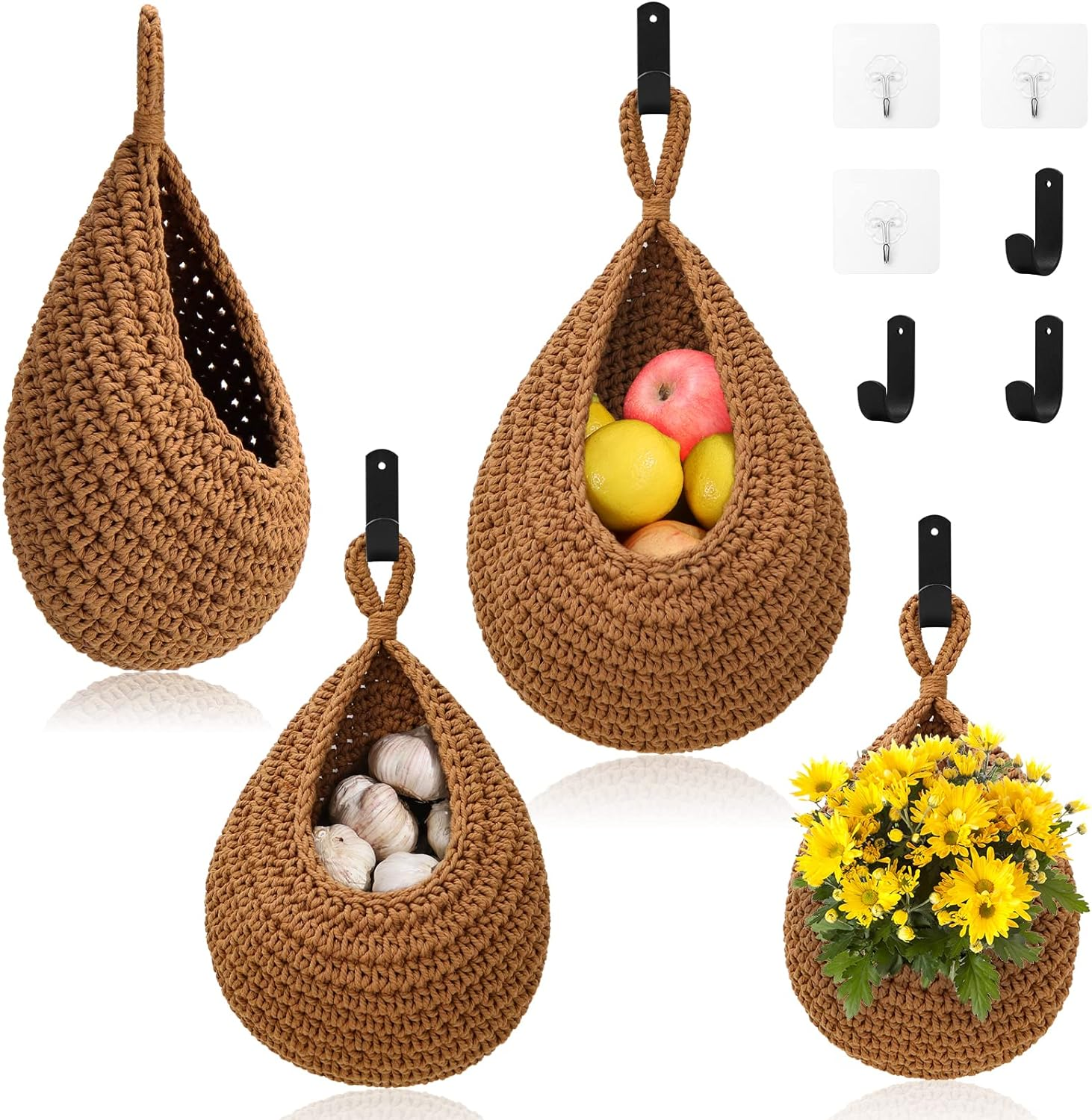 Hanging Fruit Baskets for Kitchen - 3 Pack Boho Wall Hanging Basket with 6 Pcs Strong Hooks, Handwoven Hanging Holder Teardrop Home Produce Basket for Fruits Vegetable Potato Onion Storage (White)