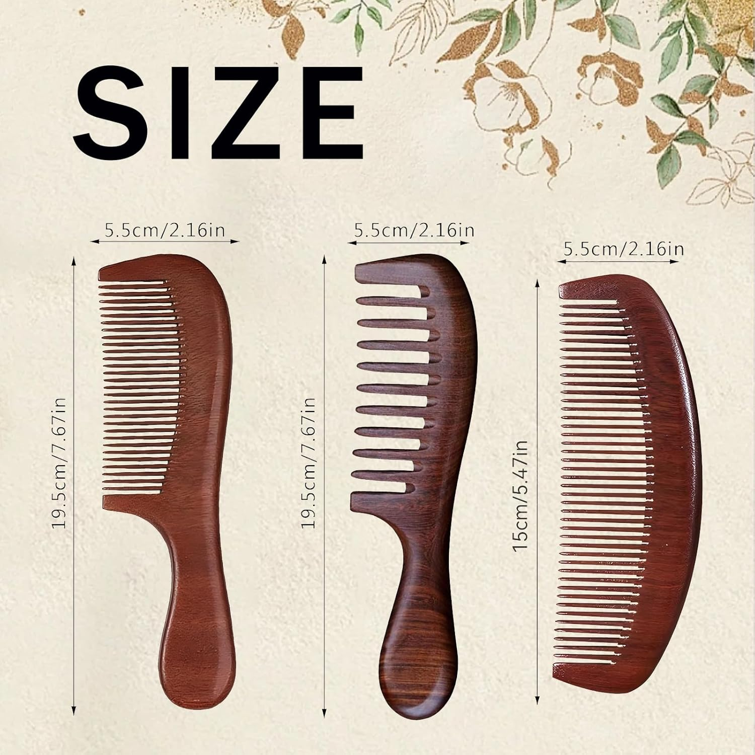 CHEUNGHAO 3 Pcs Walnut Wood Hair Comb Set, Anti-Static Wooden Combs for Women, Wide & Fine Tooth Hair Comb for Scalp Massage & Curly Hair Care