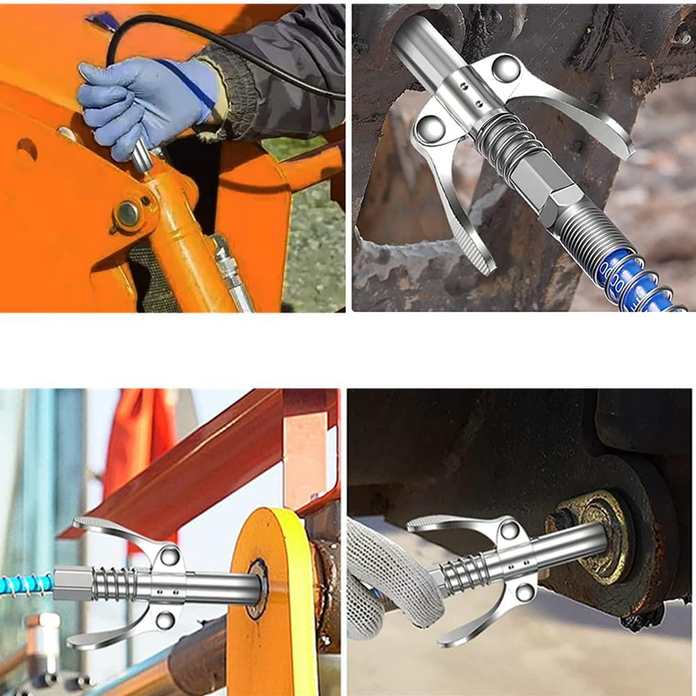 Grease Gun Coupler,Heavy-Duty Quick Lock and Release Grease Coupler, Double Handle Quick Lock Release Grease Tips Ends Couplers,With 40 Cm Spring Hose image number 1