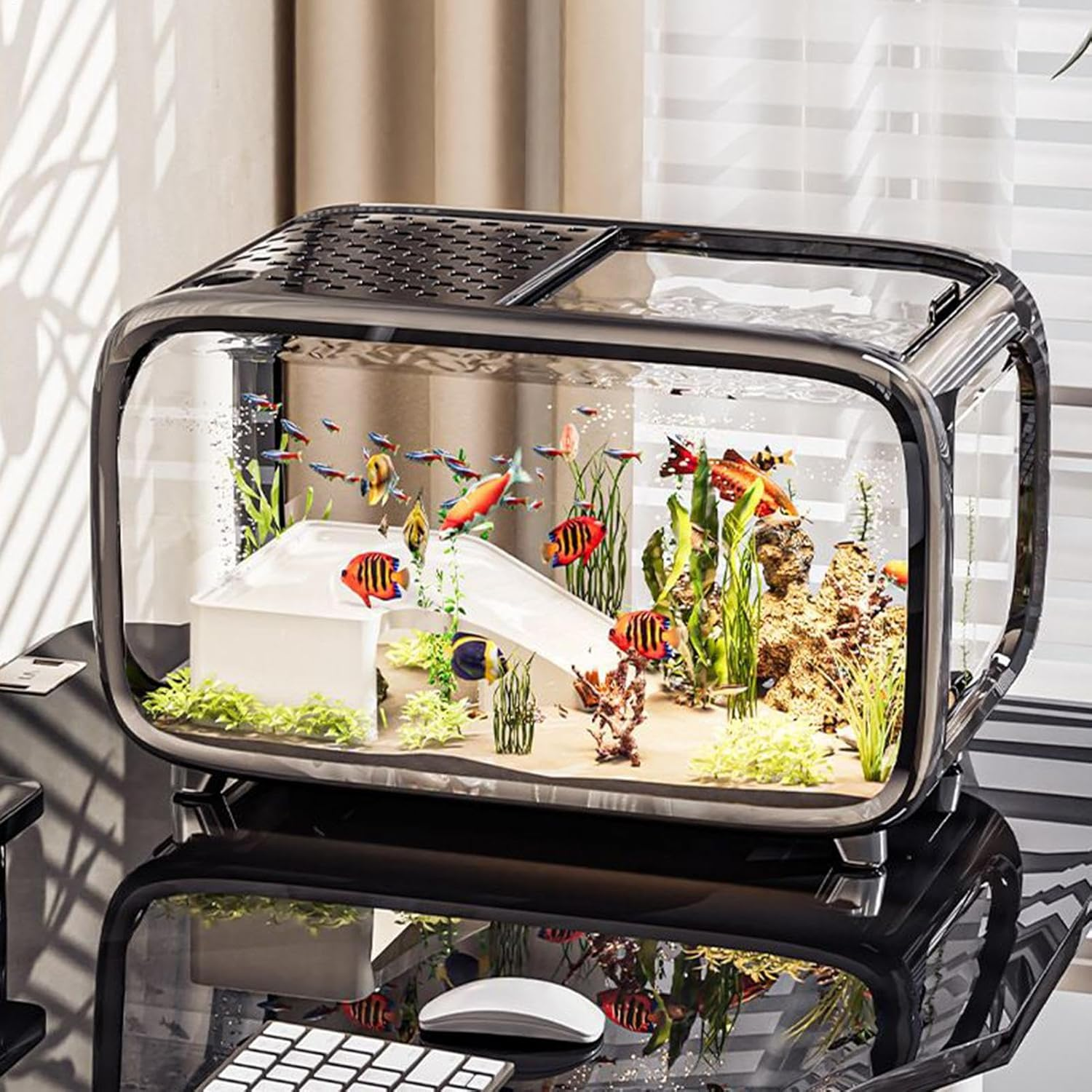 Desktop Fish Tank, Betta Tank Landscape Aquarium, Clear Acrylic Landscape Container Bowl with Top Feeding Hole for Betta Shrimp Snails Turtle Aquatic Animals - Creamy image number 6