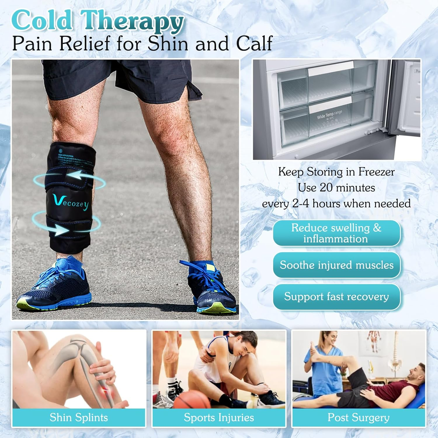 Vecozey Shin Splint Ice Pack for Entire Calf Pain Relief, Extra Large Reusable Gel Hot Cold Wrap for Leg Injuries and Recovery after Exercise, Cryotherapy Compression Sleeve for Lower Legs image number 3