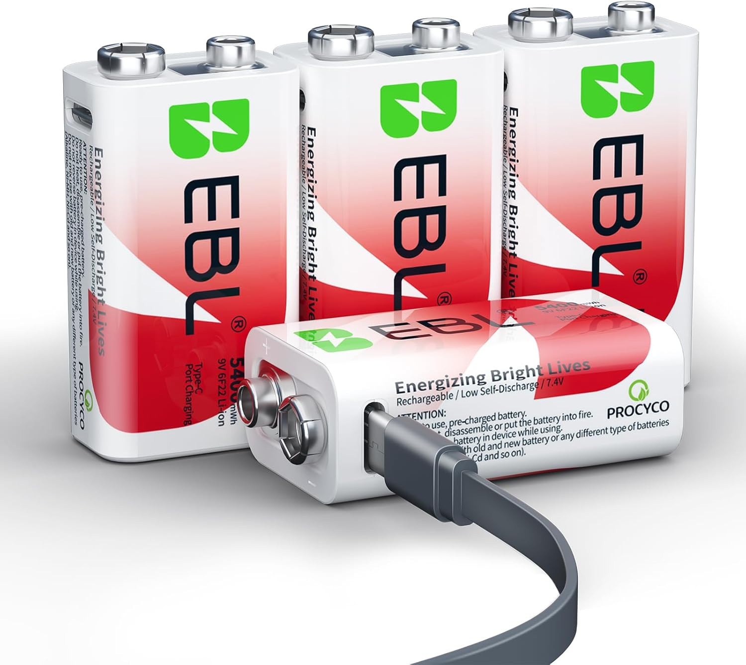 EBL Rechargeable 9V Batteries, 5400Mwh 9 Volt Lithium Battery over 1200 Cycles, 2 Hours Quick Charge with USB-C Charge Cable（4 Pack） image number 5
