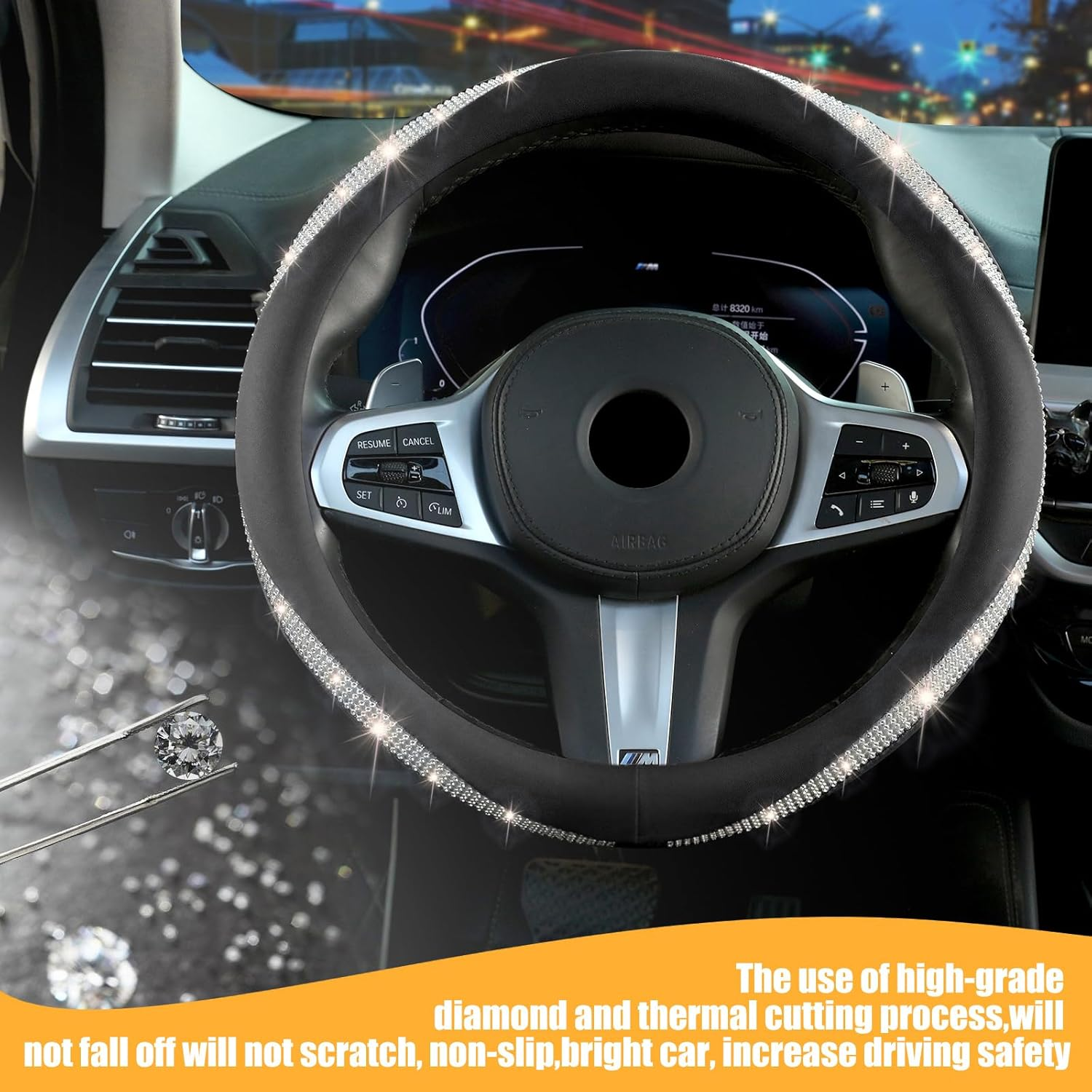 New Diamond Leather Steering Wheel Cover with Bling Crystal Rhinestone, Delicate and Anti-Slip Sparkly ，Fit 14" 1/2-15" Car Wheel Protector for Women Girl ，Black & White Diamond