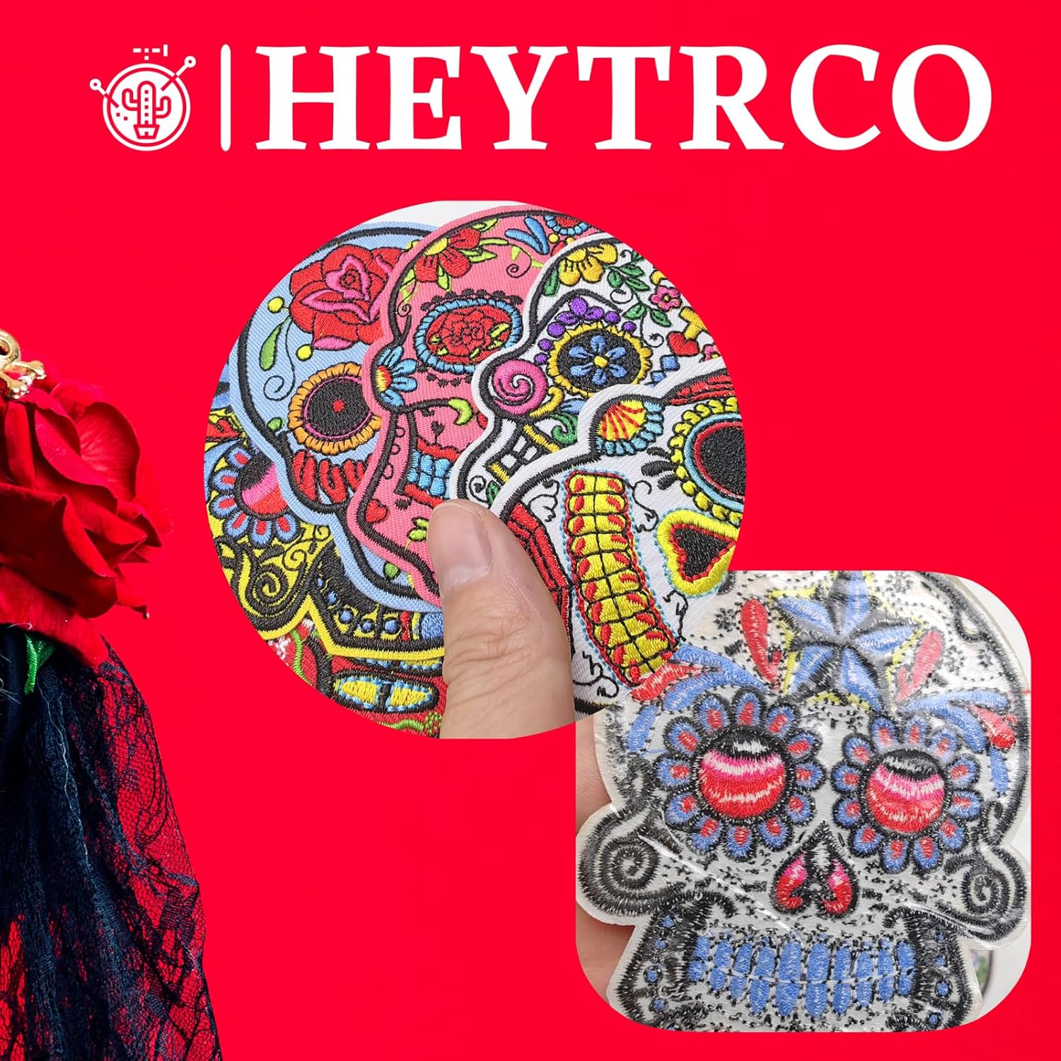 HEYTRCO 6PCS Sugar Skull Iron on Patches, Calavera Embroidered Repair Patches for Clothes, Custom Vintage Day of the Dead Applique for Hats, Jeans, Jackets, Bags, Backpacks, Dress image number 4