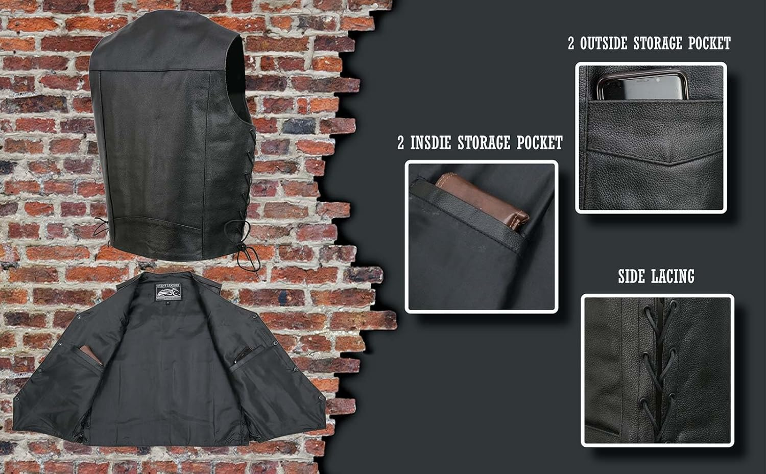 Event Leather EL5315 Black Motorcycle Leather Vest for Men W/Side Lace- Riding Club Adult Motorcycle Vests - 2X-Large image number 3