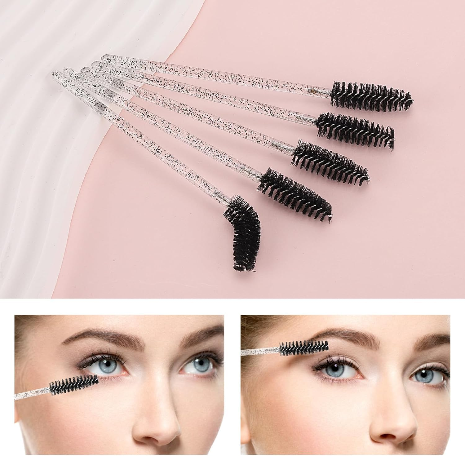 Mumoo Bear 100PCS Disposable Eyelash Brushes, Eyebrow Spoolies, Mascara Wands Applicator Lash Brushes Makeup Tools(Crystal-Black)