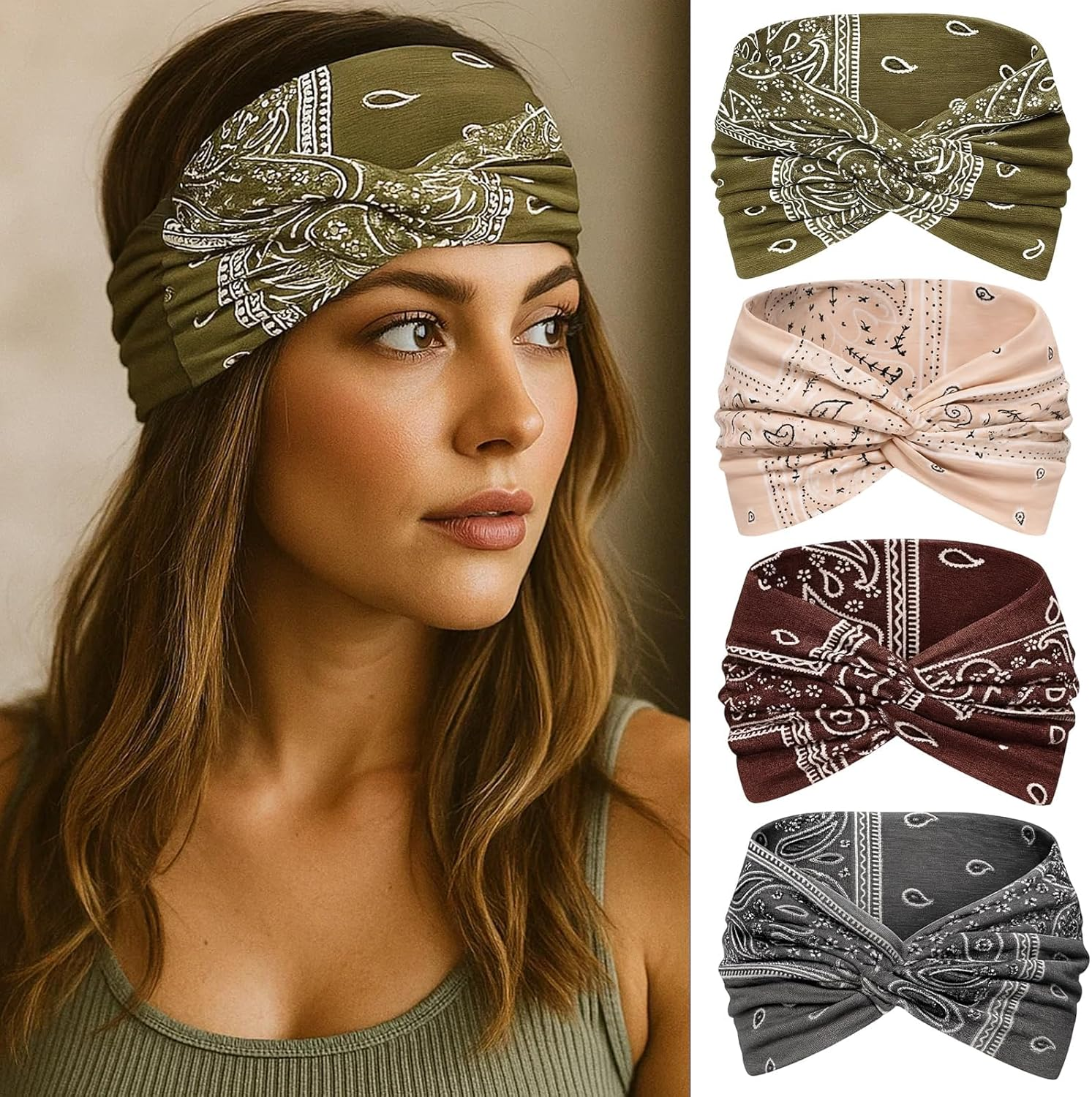 Hair Band Cosmetics, Pack of 4 Women'S Hair Bands in Brown, Beige, Black and Green, Soft Headband for Sports and Everyday Use, Comfortable Headscarf for Women with Good Fit image number 4
