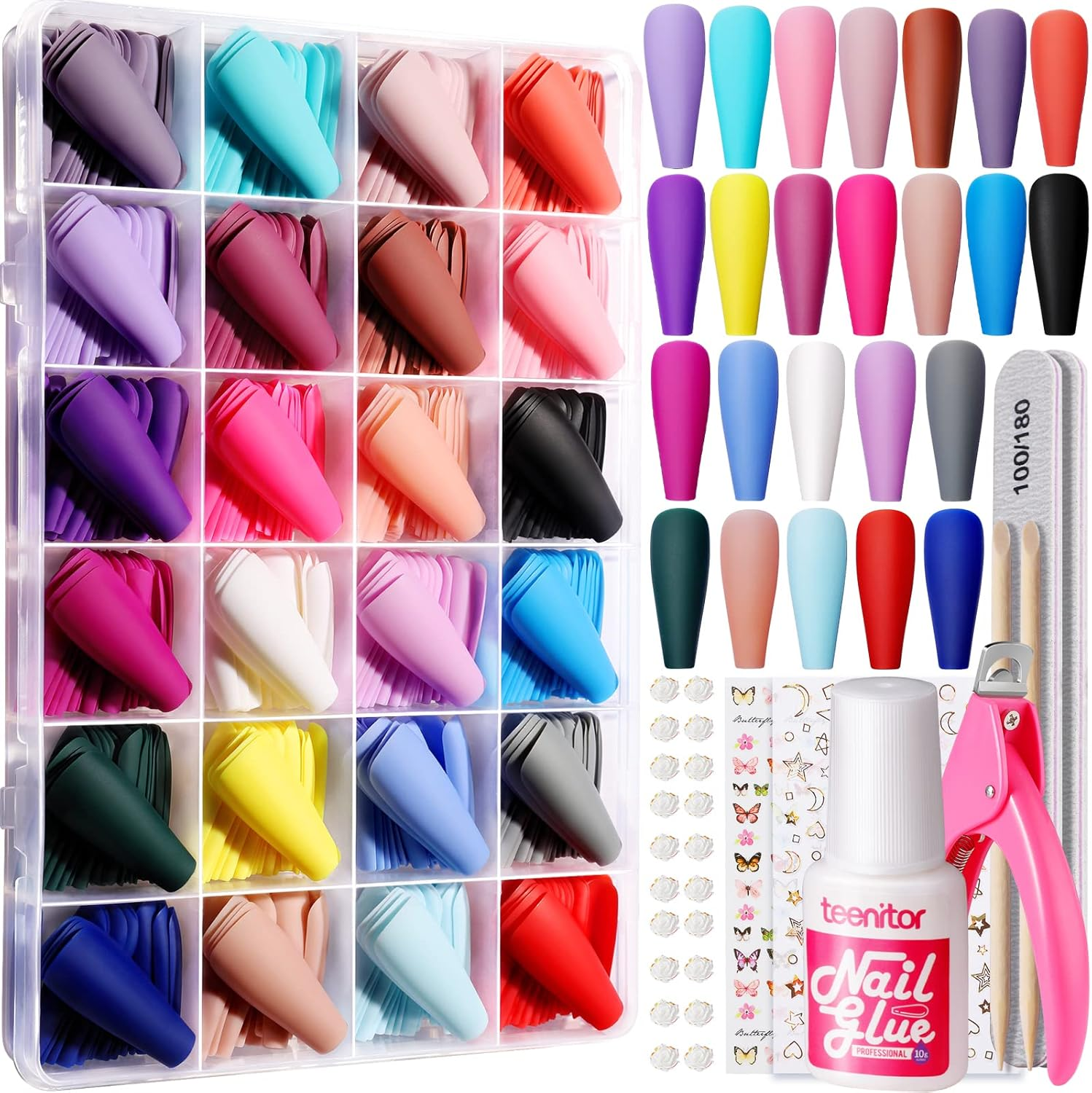 Teenitor Full Cover Color Press on Coffin Nails, 576Pcs Fake Nail Tips in 24 Colors, Glue on Long Ballerina False Nails