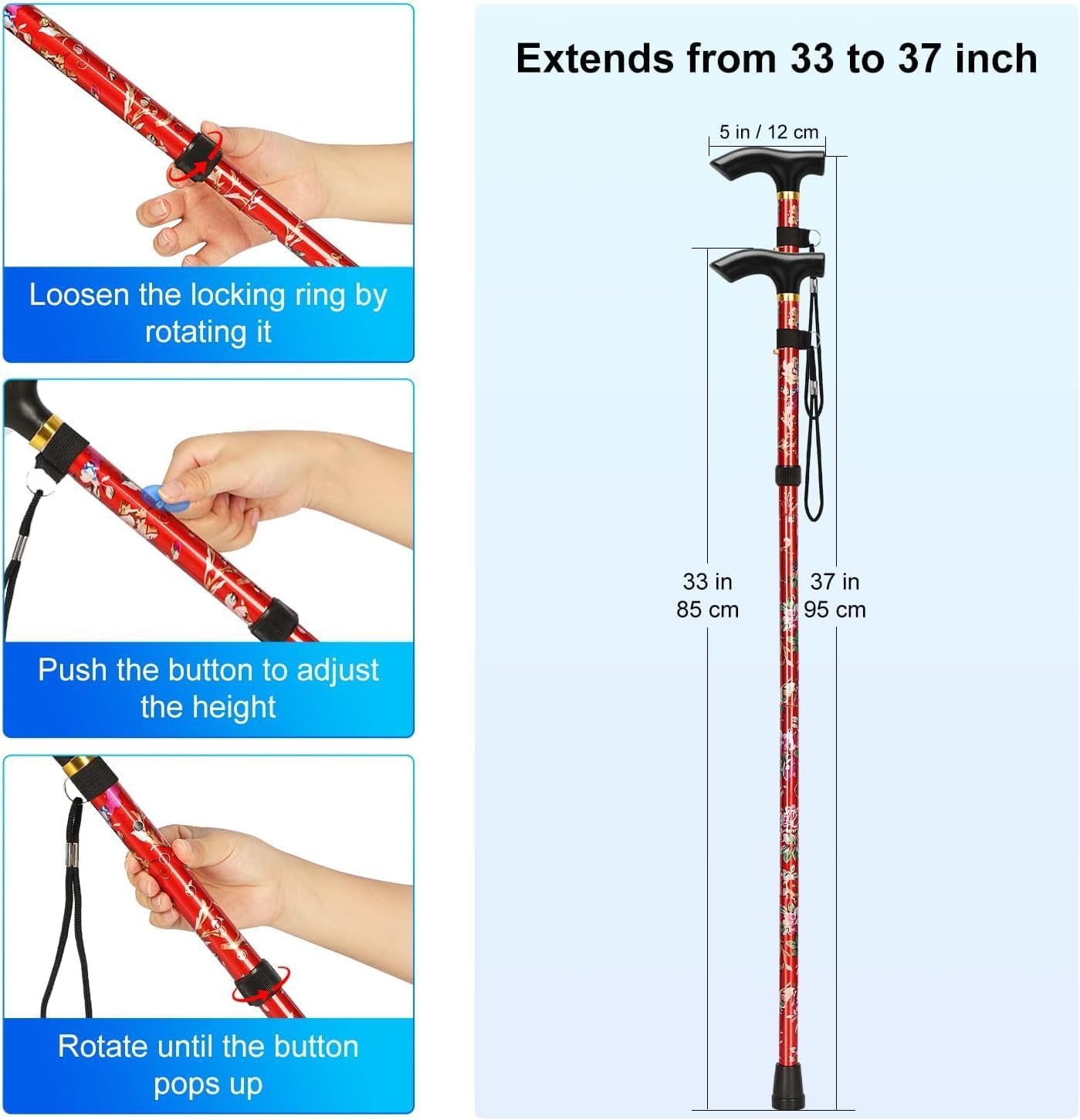 Folding Cane, Portable Cane, Hiking Camping Mountaineering Adjustable Walking Stick, Suitable for Outdoor Mountaineering Enthusiasts and Elderly People with Limited Mobility (Red) image number 6