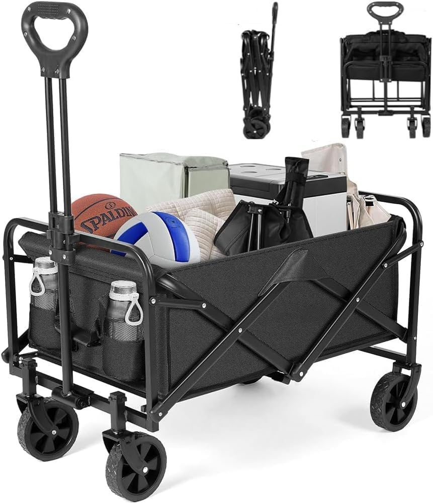 Garden Cart, Foldable Utility Vehicle, Collapsible Folding Outdoor Utility Wagon, Beach Wagon Cart with All Terrain Wheels & Drink Holders, Portable Sports Wagon for Camping, Shopping and Beach