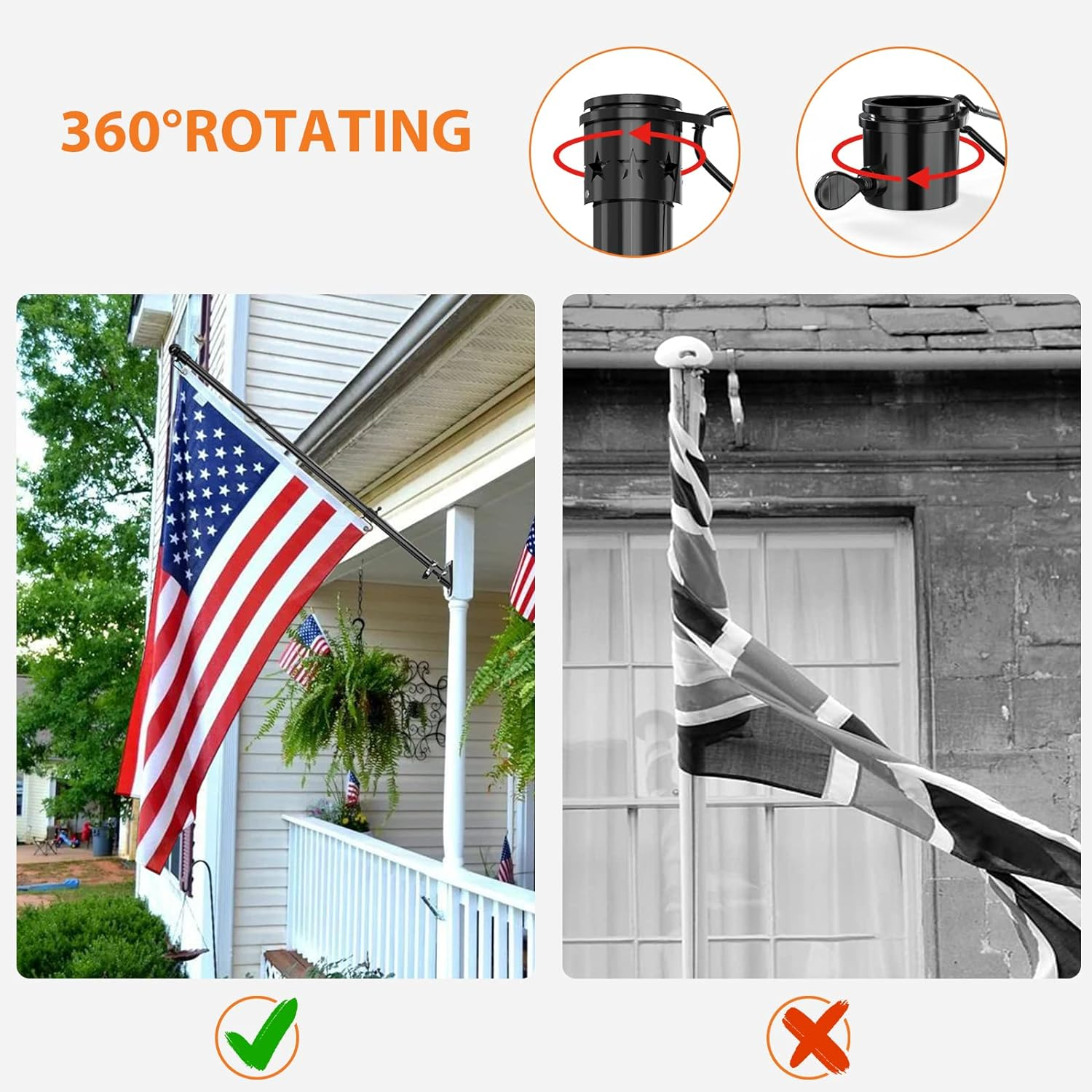 Yeyebest Flag Pole, 5 FT Flag Pole Kit for House, 2 No-Tangle Rings Clips, Flag Holder Bracket, Stainless Steel, Black