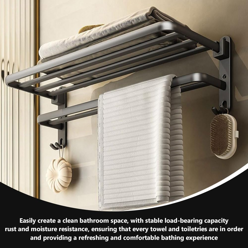 Double-Layer Bathroom Towel Rack, Foldable Washroom Shelf, Rustproof Shower Organizer, with Hooks, for Towels, Toiletries (Long 40 CM)