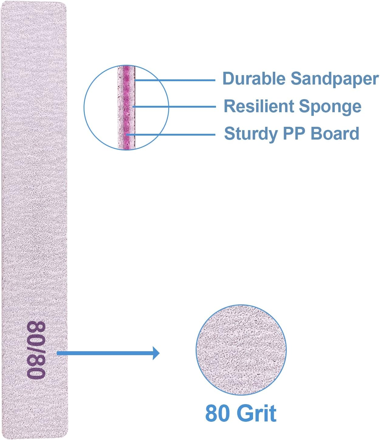 80/80 Grit Nail Files, Emery Boards Nail File for Acrylic and Gel Nails, Coarse Nail File Double Sided 80 Grits Emory Professional Filers Reusable Washable Manicure Square Gray image number 6