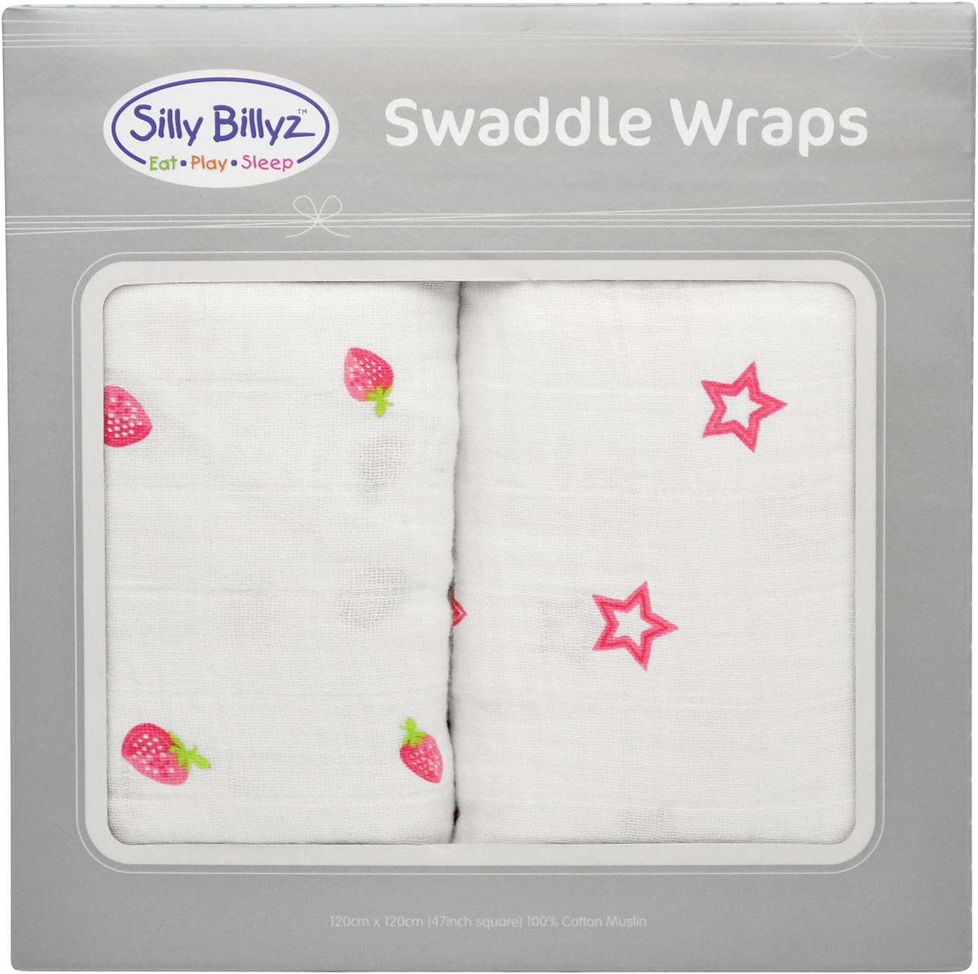 SILLY BILLYZ Muslin Swaddle Wrap, Strawberry Crush, White (Pack of 2)