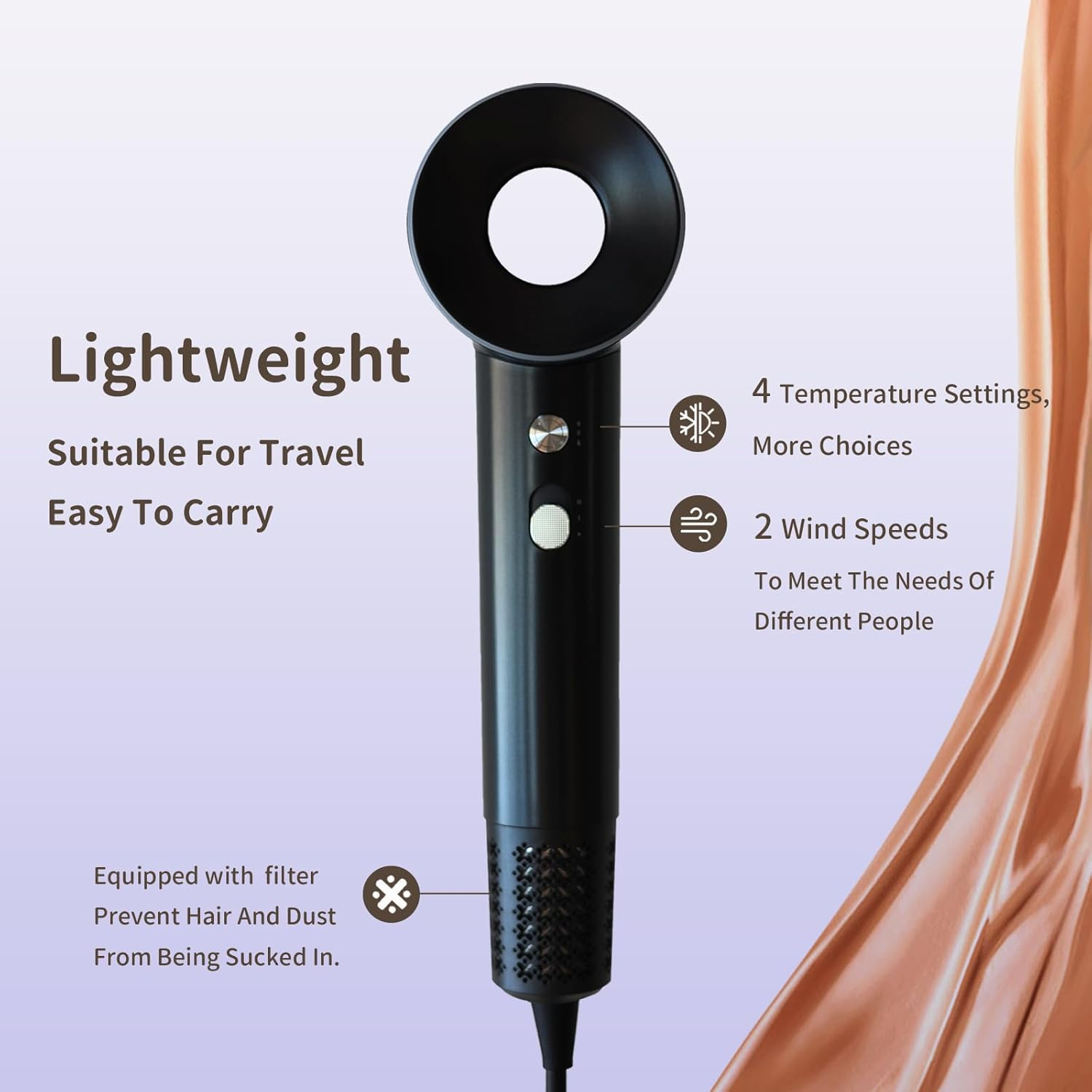 Hair Dryer,Nazha Professional High-Speed Ionic Hair Dryer with 110,000 RPM Brushless Motor 1600W Powerful Fast Drying Low Noise Blow Dryer with 1 Magnetic Attachments,Compact & Quiet for Travel, Blow Hairdryer for Women or Men-Au Plug(Black) - Black image number 2