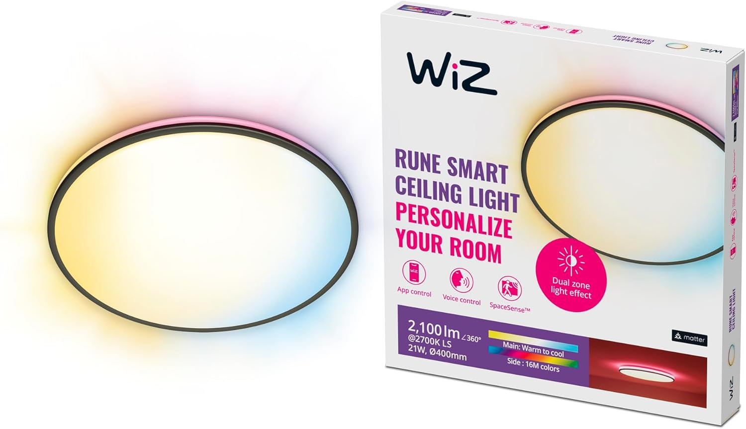Wiz Colour Arca Smart Connected Wifi Dual Zone Ceiling Light. [Black] App Control for Indoor Home Lighting, Livingroom and Bedroom image number 1