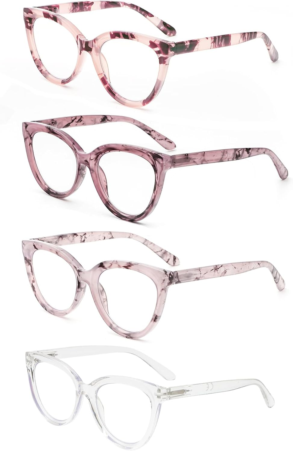 REAVEE 4 Pack Fashion Oversized Cat Eye Reading Glasses for Women, Large Cute Blue Light Blocking Readers Spring Hinge - 1.5 X, Black/Leopard/Grey Leopard/Clear Leopard image number 4
