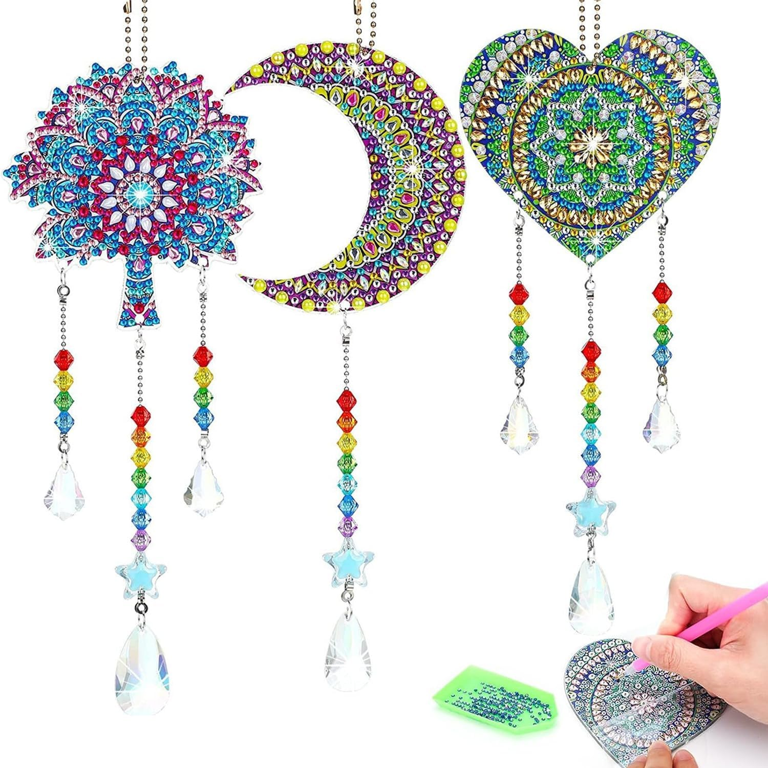 3 Pcs Diamonds Paintings Suncatcher,Double Sided Crystal Gem Painting Hanging Ornament,5D Diamonds Paintings Wind Chimes,Diamonds Art Kits Hanging Ornaments for Home Window Decor (Butterfly&Bird&Sun)