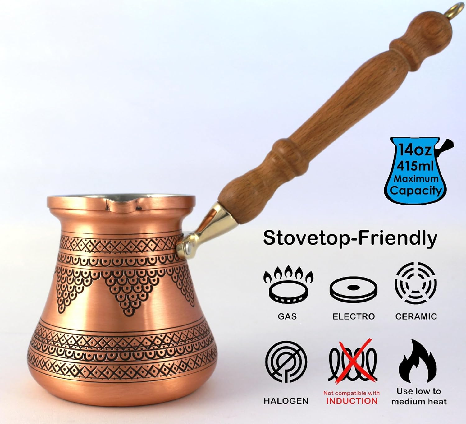 DEDE Copper - PCZ Series (Large-14Fl.Oz) - Thickest Solid Copper Engraved/Hammered Turkish Greek Arabic Coffee Pot with Wooden Handle, Stovetop Coffee Maker Cezve, Jezve, Jazva, Ibrik, Briki (Matte) image number 3