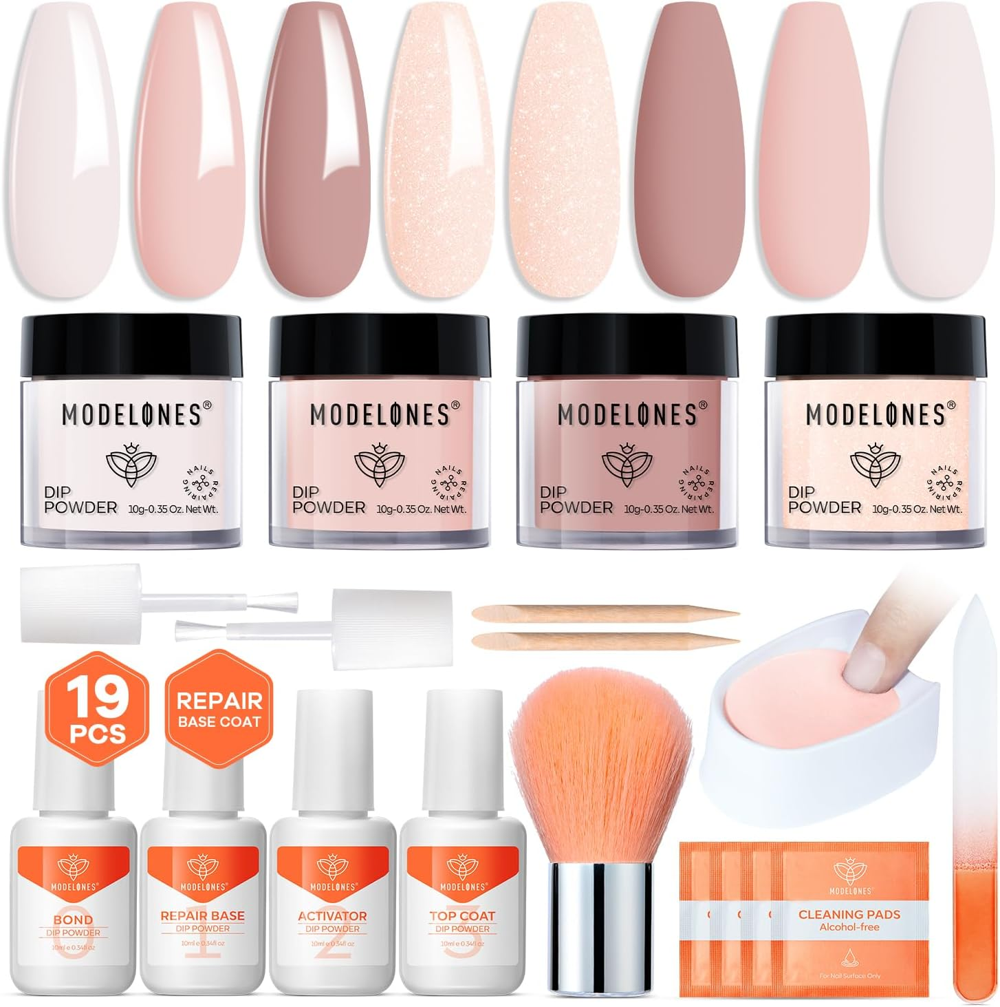 Modelones Dip Powder Nail Kit Starter, 4 Colors Nude White Pink Dipping Powder Repair Liquid Set with Recycling Tray for French Nail Art Salon DIY at Home Manicure