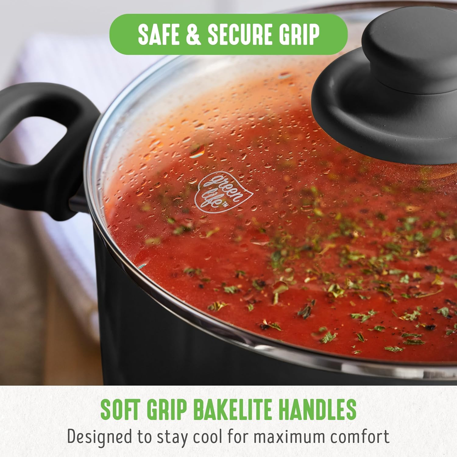 Greenlife Softgrip Healthy Ceramic Nonstick, 6QT Stockpot with Lid and Straining Lid, Pfas-Free, Dishwasher Safe, Black