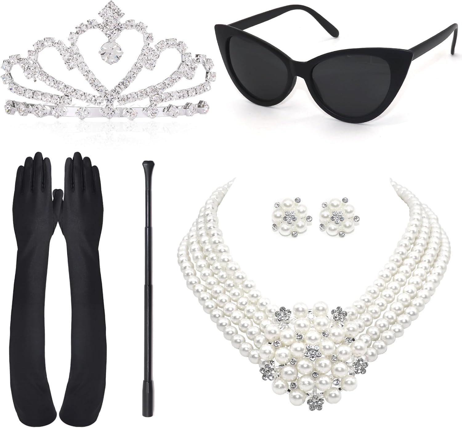 6PCS 1920 Retro Costume Accessories for Women, Fancy Dress Set with Pearl Necklace Tiara Earrings Gloves Sunglasses for Cosplay Carnival Birthday 20S Party image number 1