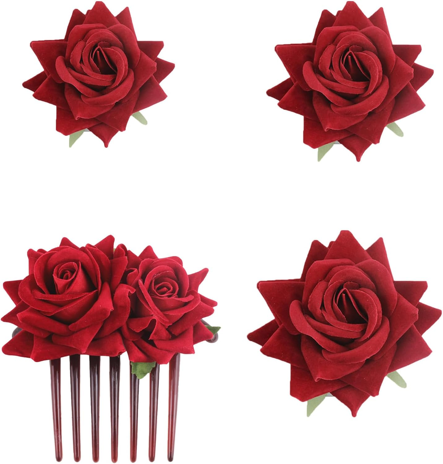 SUNTRADE Pack of 4 Women'S Rose Hairpin, Bridal Rose Brooch Hair Clip, Wedding Floral Clips for Women, Girls, Party, Wedding (Red)