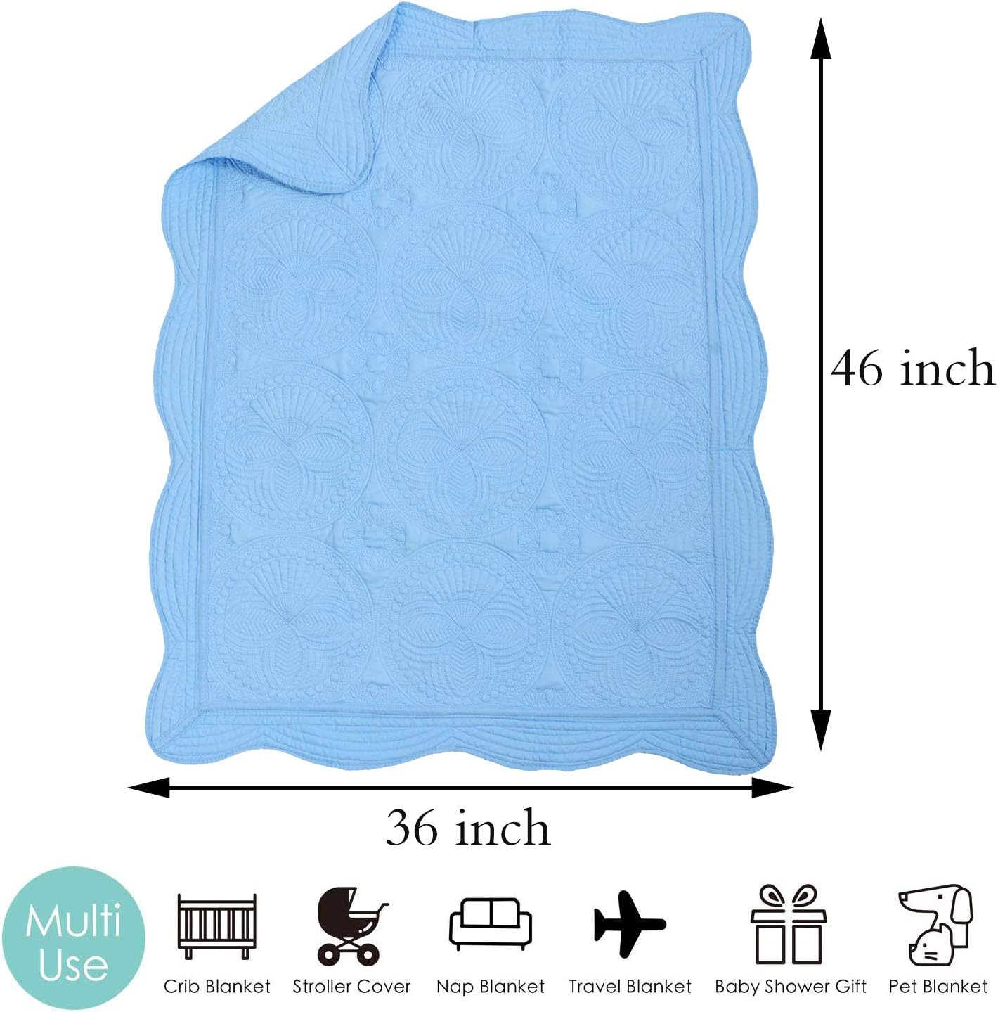 MONOBLANKS Baby Quilt Personlized Monogram Lightweight Embossed Scalloped Throw Blanket Four Seasons (Blue) image number 4