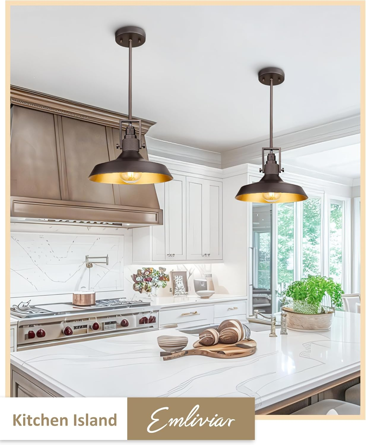 EMLIVIAR 2 Pack Farmhouse Hanging Lamps, 11.6" Pendant Lighting Fixtures with Dome Metal Shade for Kitchen Bedroom, Oil Rubbed Bronze Finish, AUJX18-MIL-2PK ORB - Gold - 1 Pack image number 5