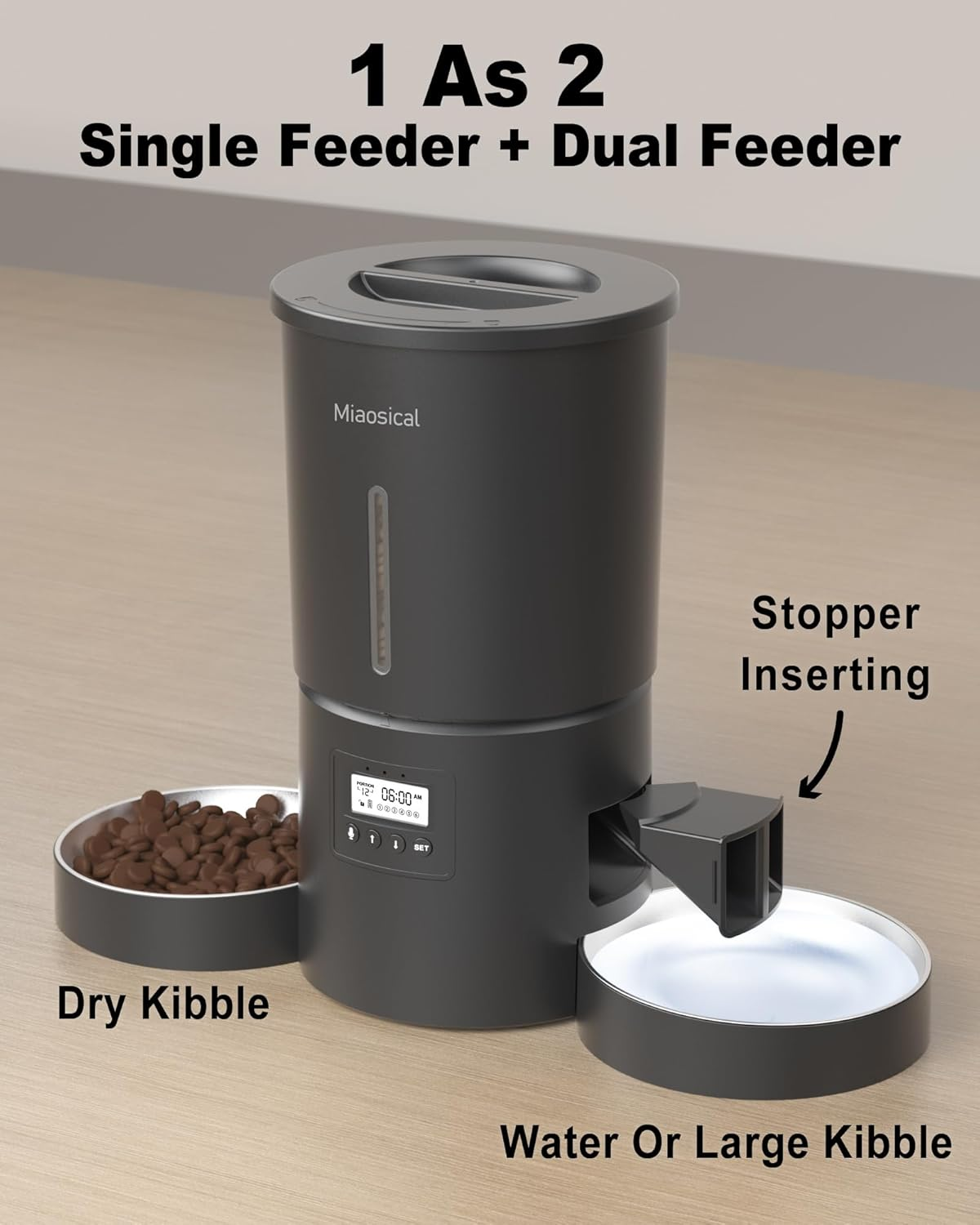 Miaosical Automatic Cat Feeder for 2 Cats,4.2L Flexible Schedule,6 Meals/Day,1-12 Portions/Meal,Dual Power Auto Dual Pets Feeder Dry Food Dispenser,10S Voice Record (Black,4.2L+Basic 2 Bowls)