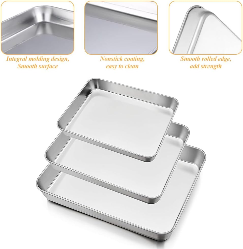 Baking Sheet Set of 3, Stainless Steel Baking Tray, 26/31/40CM, Healthy & Heavy-Duty, Easy Clean Plate, Rectangle Bakeware Set, for Lasagna Cake Brownie image number 4