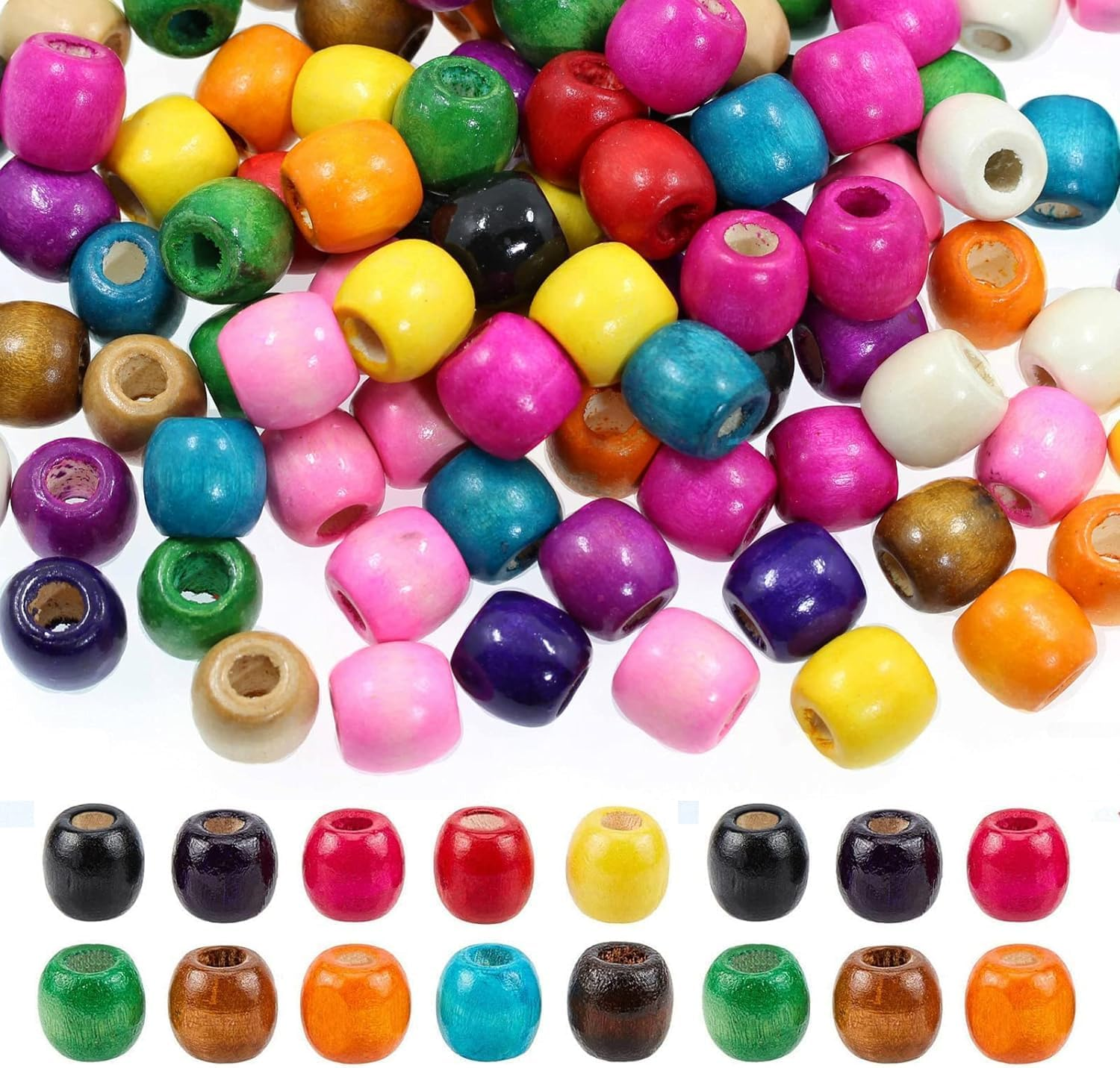 300Pcs Large Hole Barrel Wood Beads, Betterjonny 12Mm Mixed Painted Barrel Wood Spacer Beads Hair Braid Beads for Macrame Rosary Bracelet Jewelry Craft Making