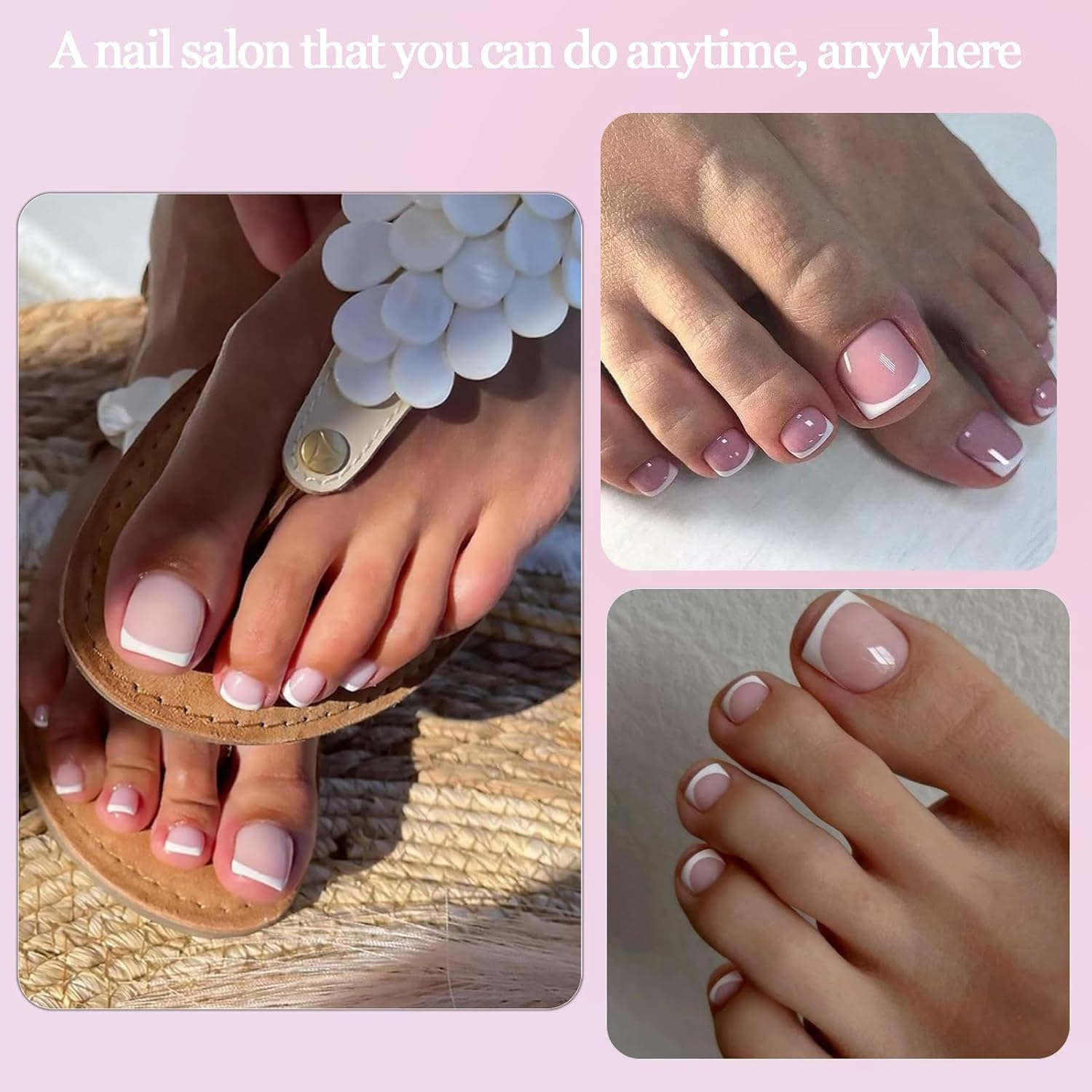 120 Pcs White Edge Pink Fals Toenails - Pink Full Cover False Nails Short Square Shape, Odourless Gel Toe Nail Covers for Women (Natural Look Pedicure Essentials) image number 5