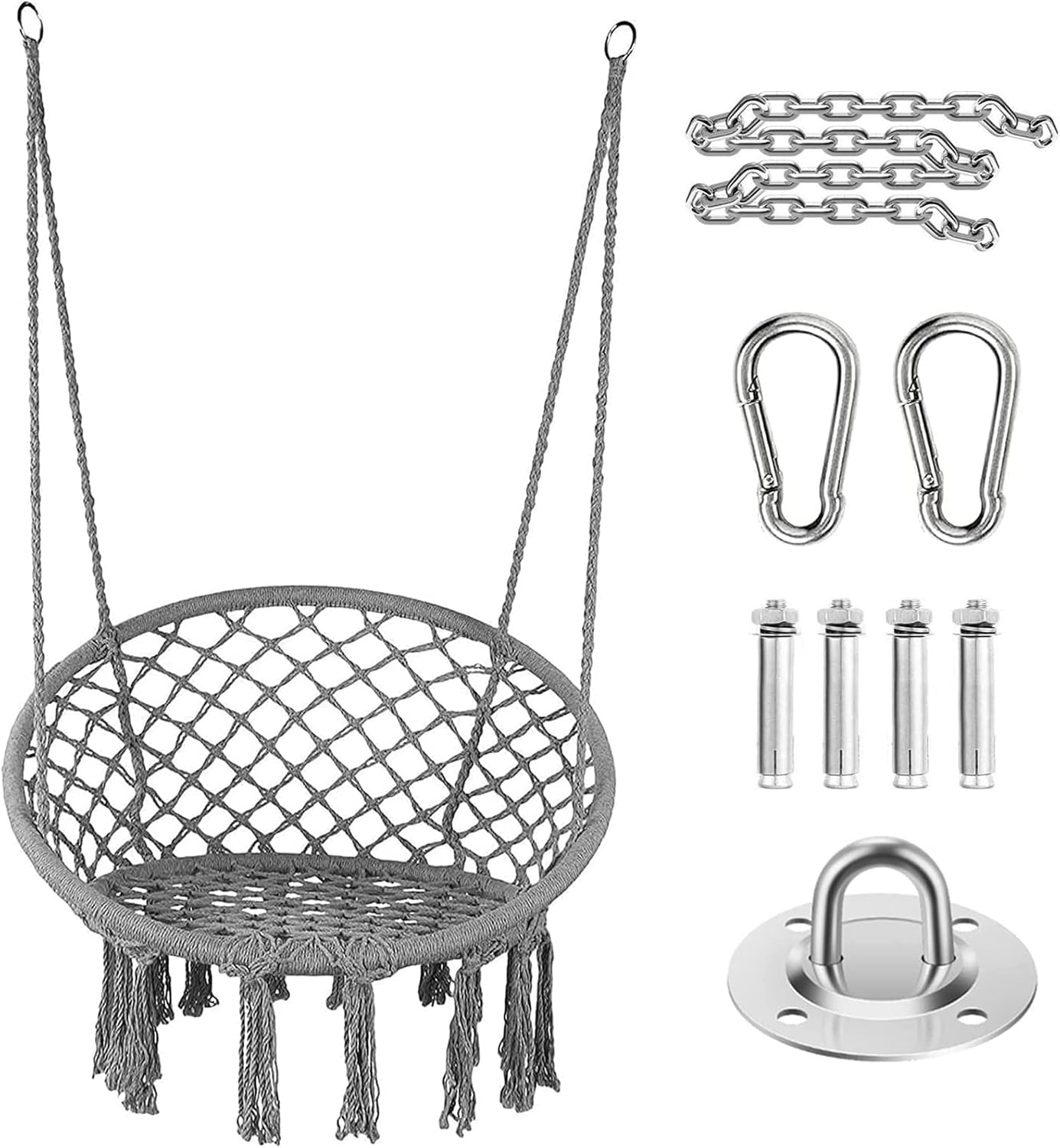 Hammock Chair, TOPIND round Hanging Macrame Swing, Handmade Knitted Cotton Rope Hammock Swing Chair with Hardware Kits, Capacity 330 Lbs, for Indoor, Outdoor, Bedroom, Patio, Yard, Deck, Garden (Grey)