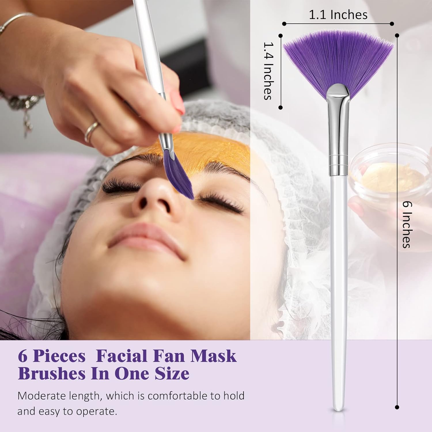 Maitys 6 Pieces Fan Mask Brushes Soft Fan Facial Mask Applicator Tools Brush Makeup Brushes Cosmetic Tools with Handle for Makeup Women(Purple Hair) image number 3