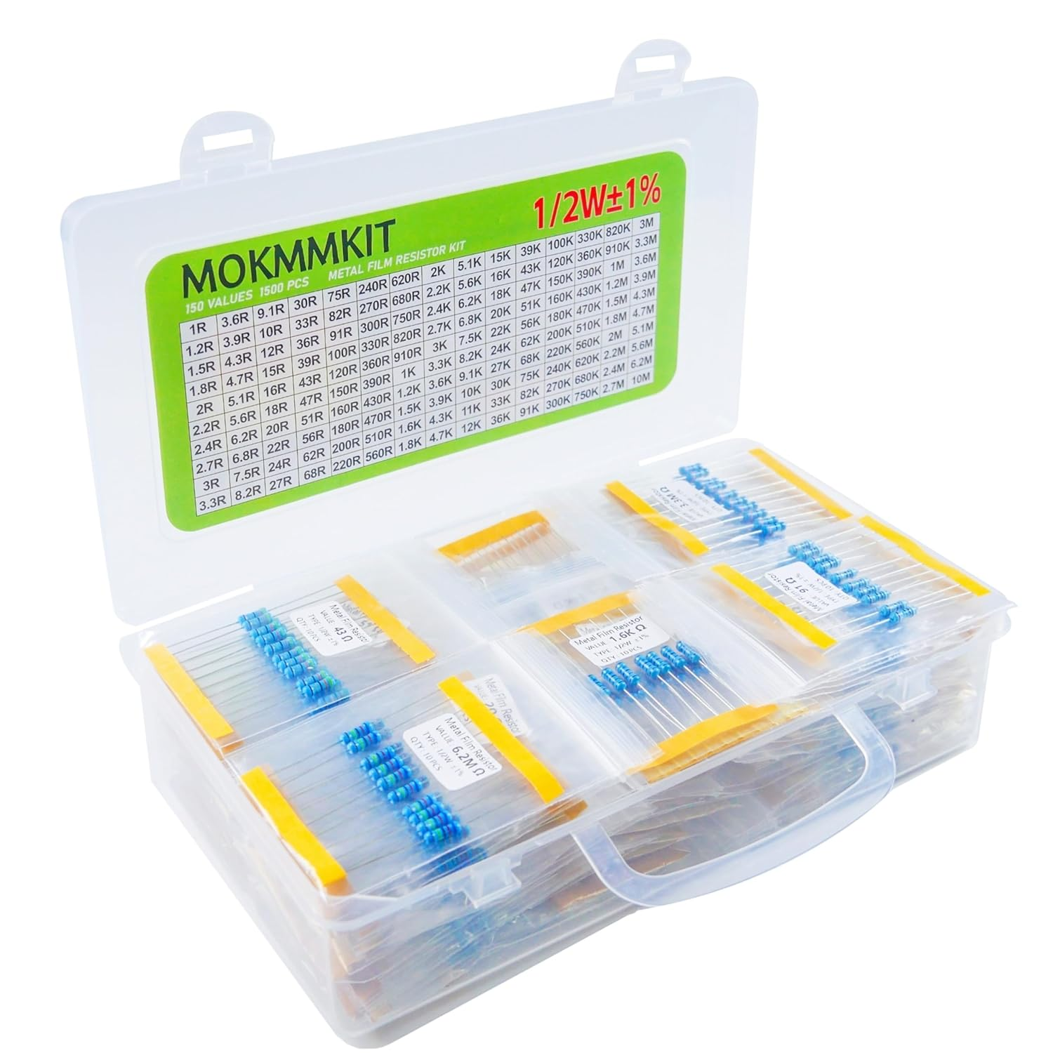 150 Values 1500 Piece Resistor Kit 1/2W &plusmn;1%, 1 Ohm -10M Ohm Metal Film Resistor Assortment Kit