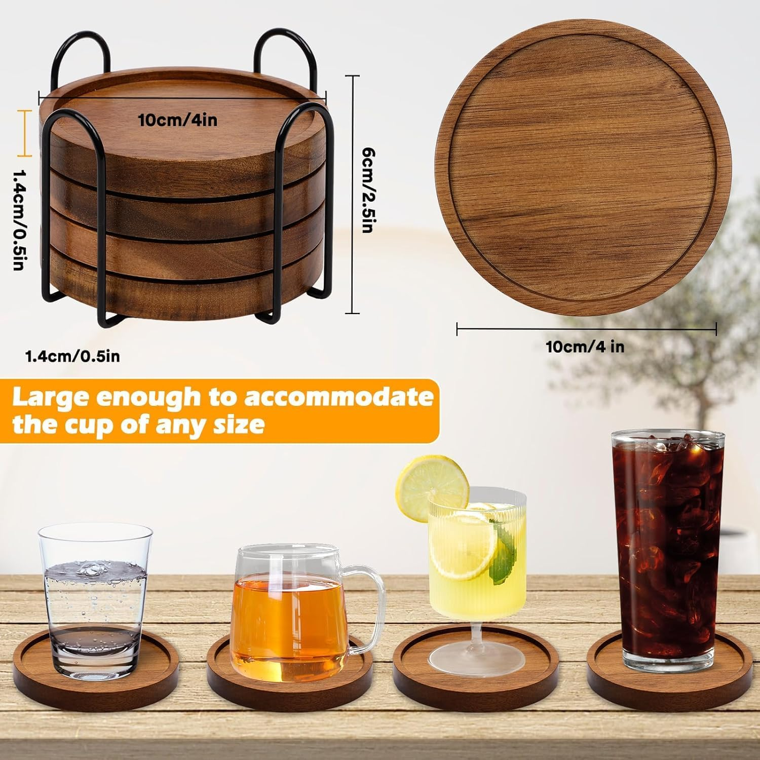 4 Pcs Wood Coasters for Drinks Absorbent, Wooden Coasters with Holder, Drink Coasters for Coffee Table, Absorbent Coaster Set for Table Protection Drink Coasters for Farmhouse, Office, Bar (4) image number 2