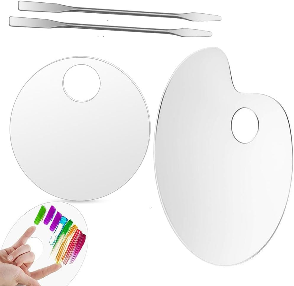 2 Pcs Acrylic Cosmetic Makeup Palette,Oval & round Cosmetic Makeup Palette Tray with Thumb Hole,Clear Acrylic Makeup Palette with 2 Metal Spatula, Makeup Palette Mixing Tray, Foundation Mixing Palette image number 1