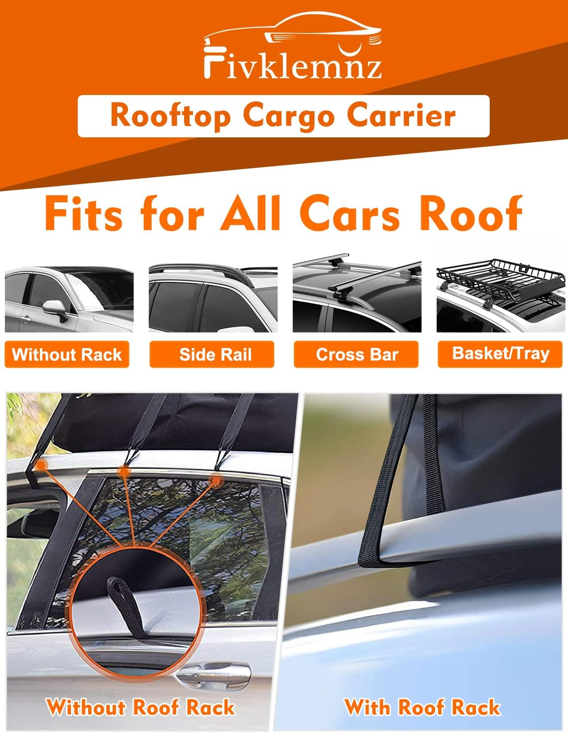 FIVKLEMNZ 21 Cubic Car Rooftop Cargo Carrier Roof Bag Waterproof for All Top of Vehicle With/Without Rack Includes Topper Anti-Slip Mat + Reinforced Straps + 6 Door Hooks + Luggage Lock image number 1